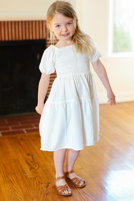 Enchanting Ivory Smocked Bubble Sleeve Tiered Dress