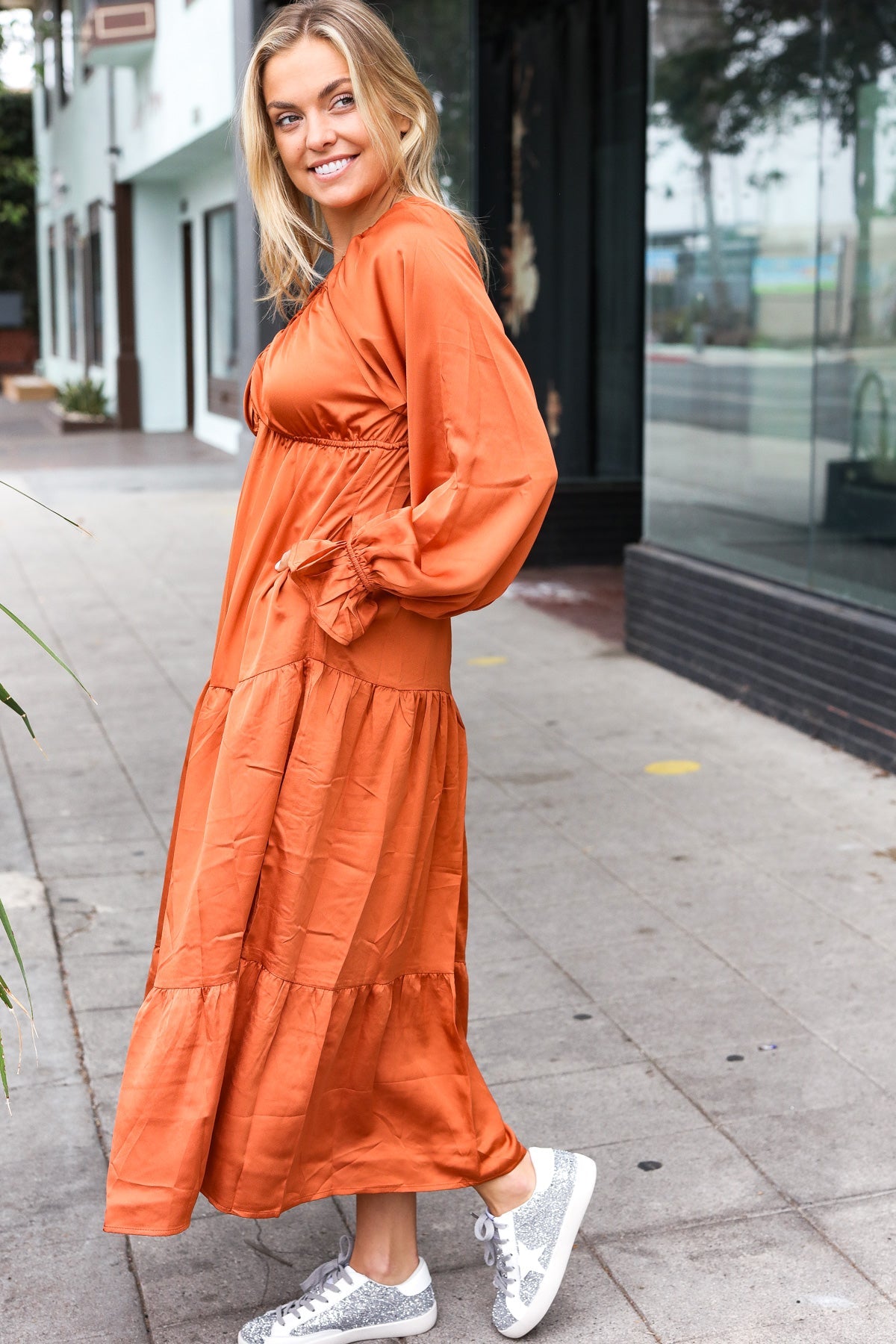 Elegant Rust Elastic V Neck Tiered Satin Maxi Dress