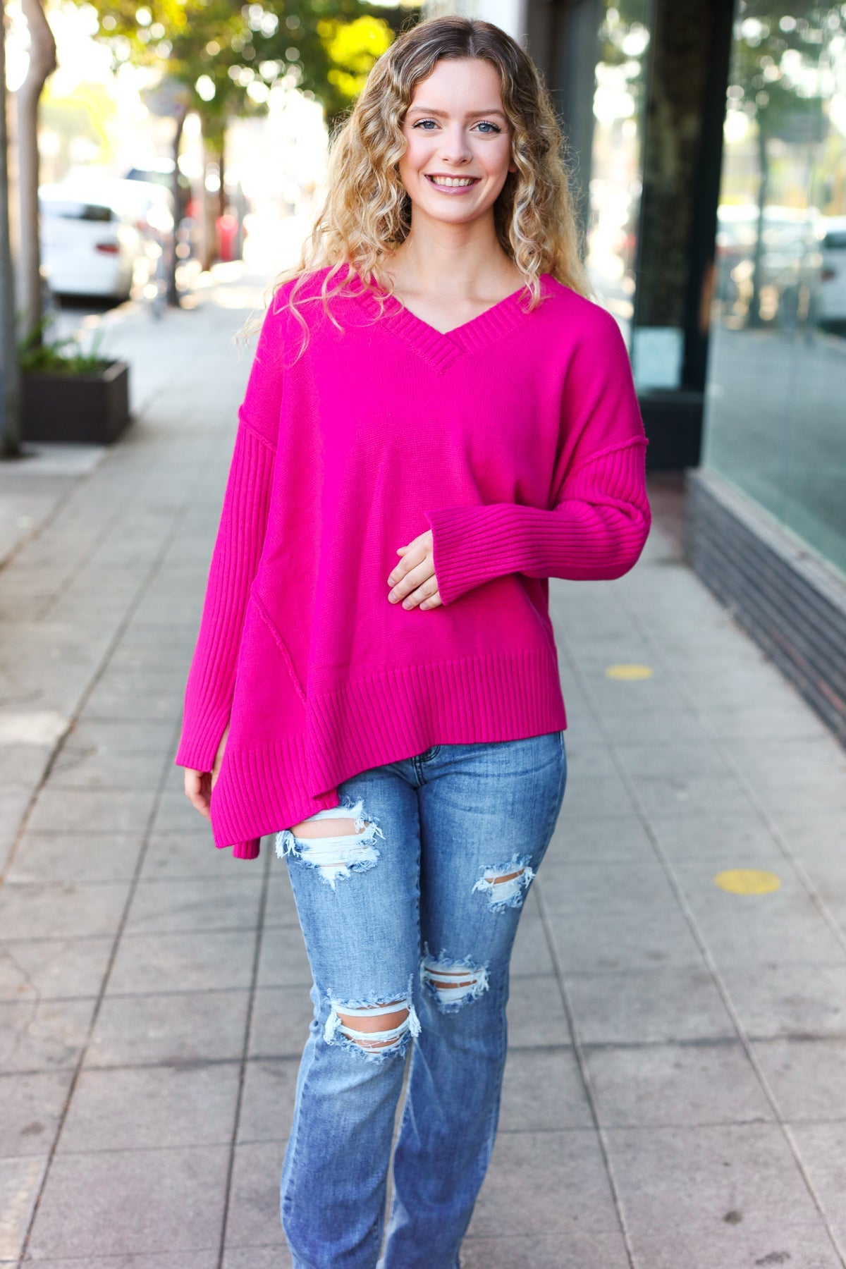 Be Bold Magenta Oversized V Neck Rib Knit Sweater