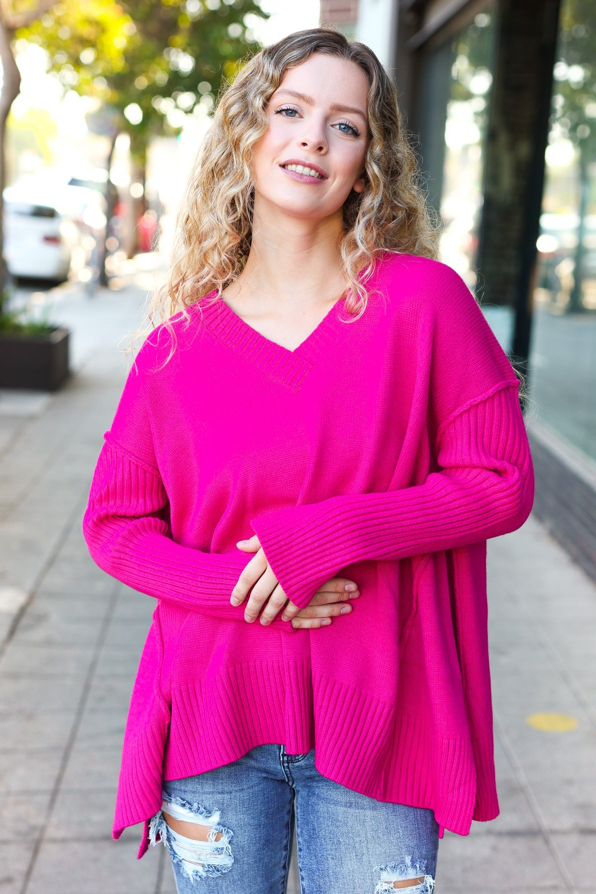 Be Bold Magenta Oversized V Neck Rib Knit Sweater