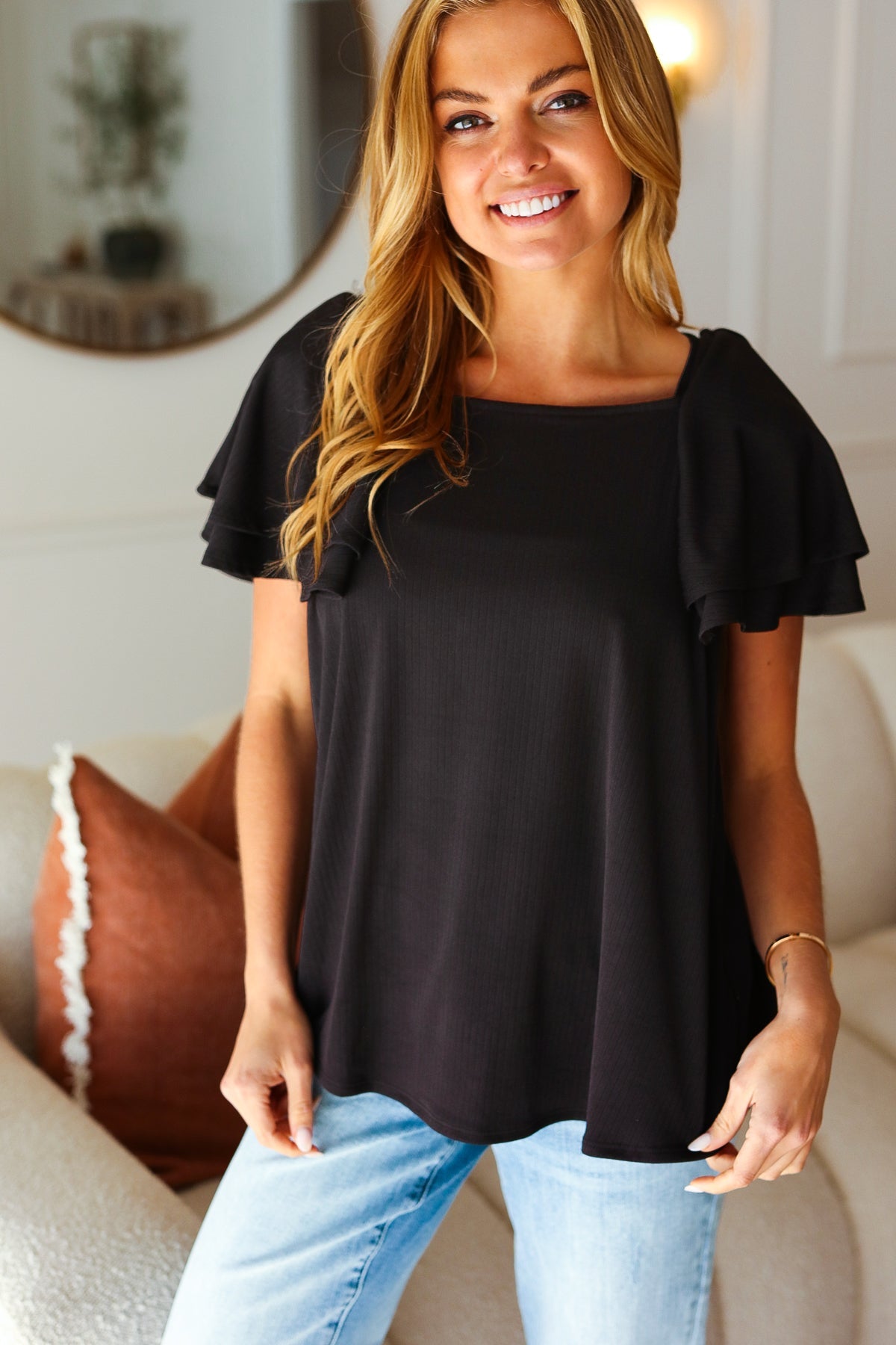 Black Double Ruffle Sleeve Square Neck Ribbed Top