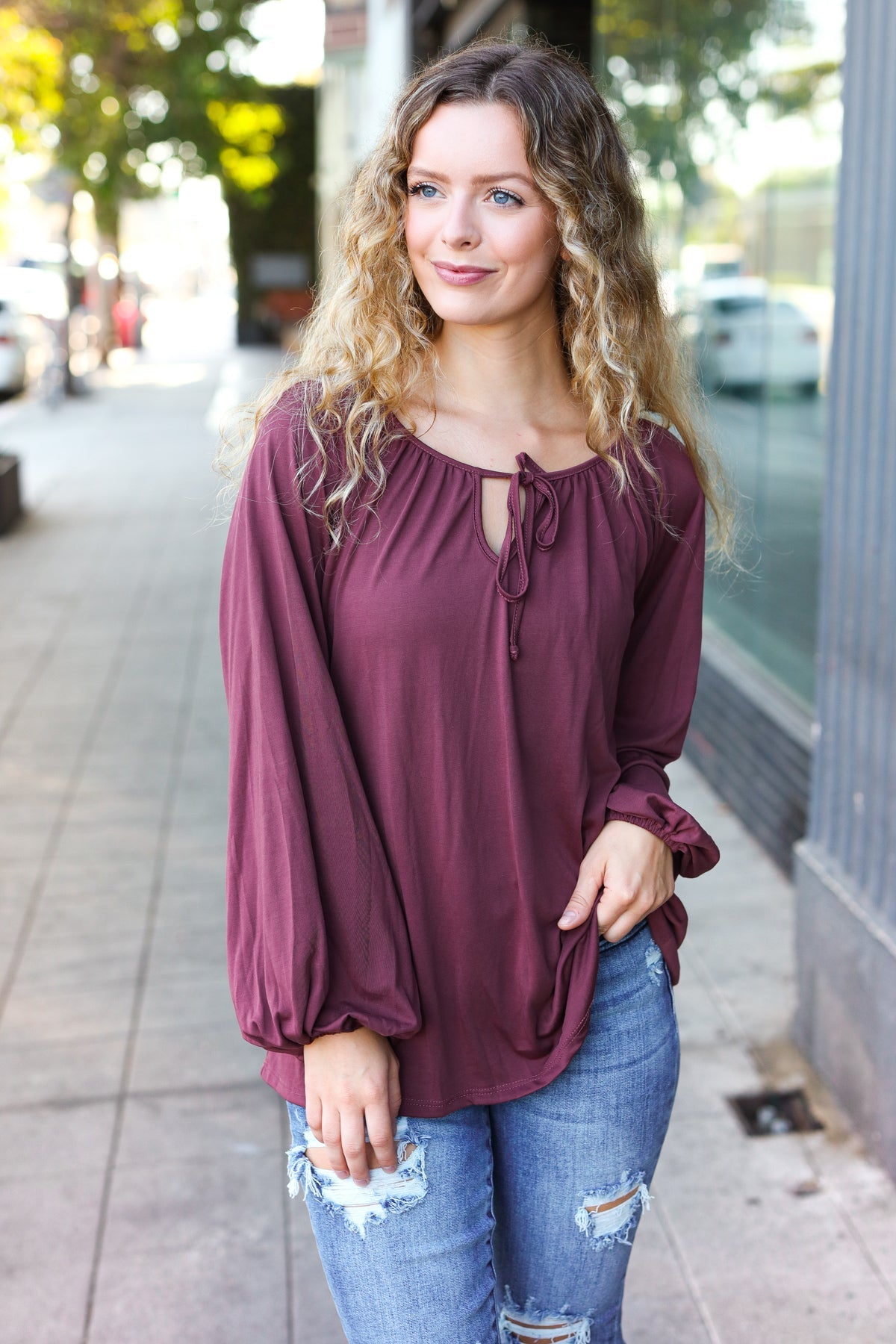 Versatile Wine Front Tie Modal Knit Peasant Top