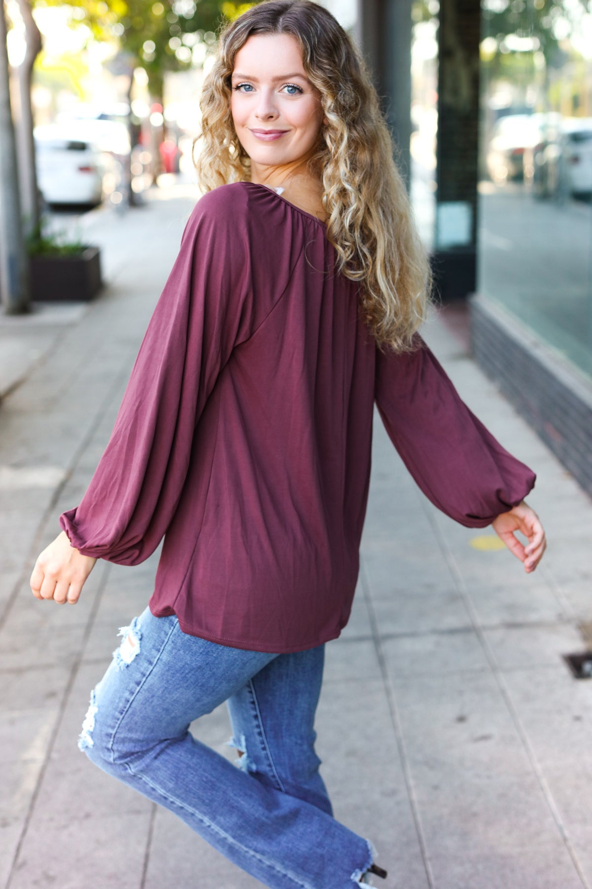 Versatile Wine Front Tie Modal Knit Peasant Top