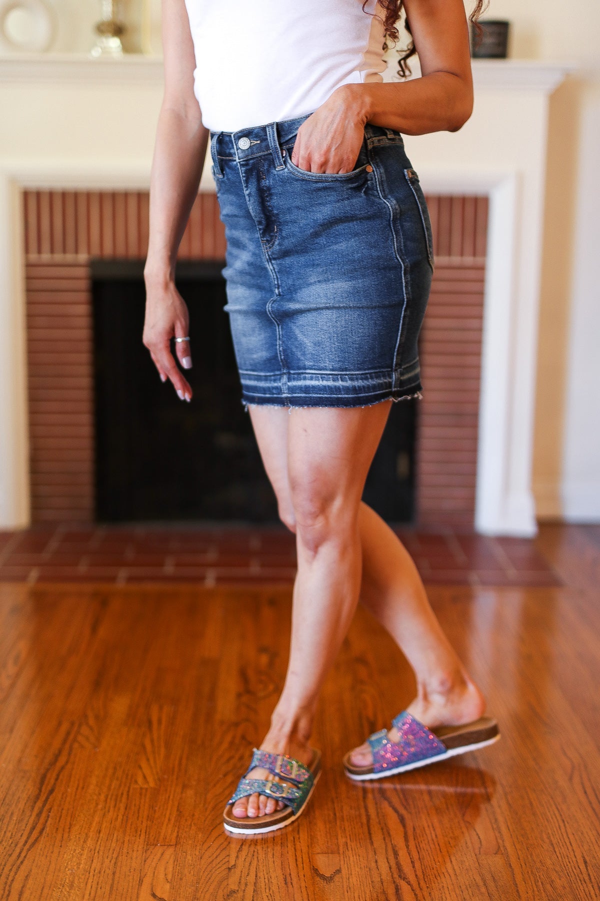 Dark Blue High Waist Release Hem Skirt