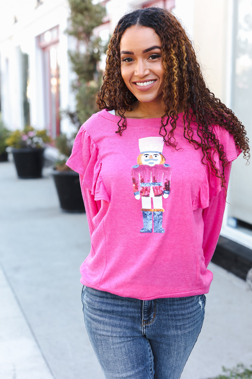 Holiday Hot Pink Sequin Nutcracker Ruffle Hacci Sweater