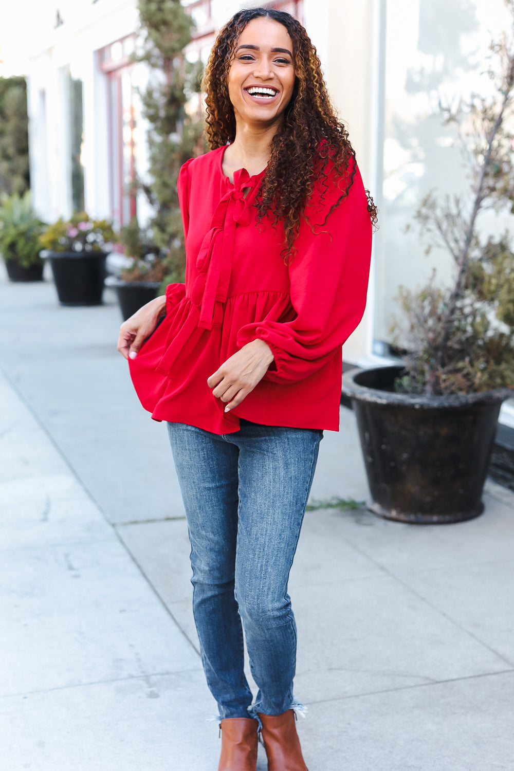 Embrace Joy Red Ribbon Bow Tie Babydoll Woven Top