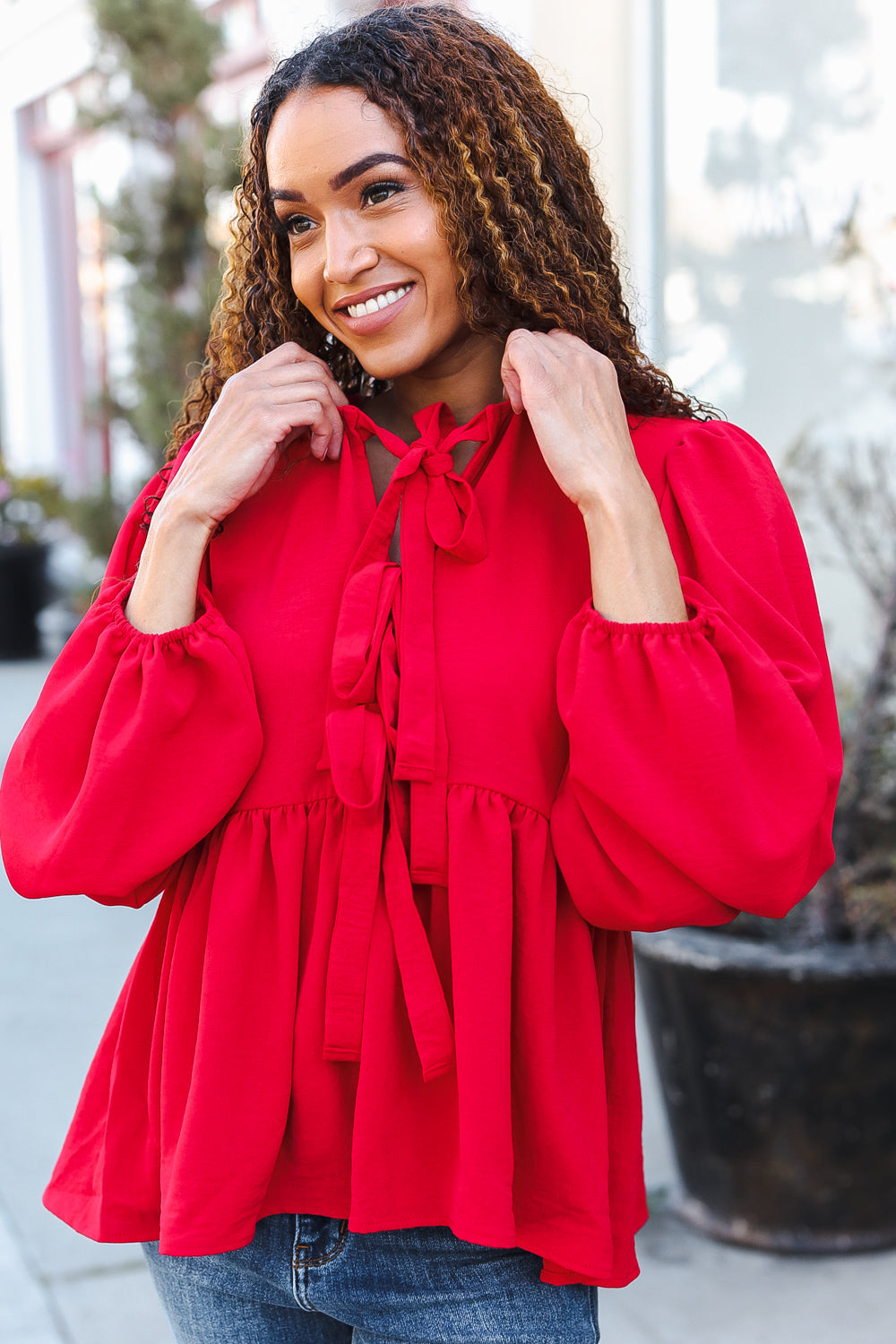 Embrace Joy Red Ribbon Bow Tie Babydoll Woven Top