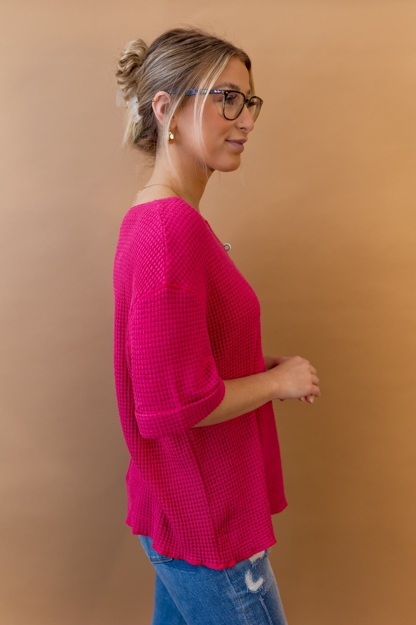 Tanya Waffle Knit Top in Fuchsia