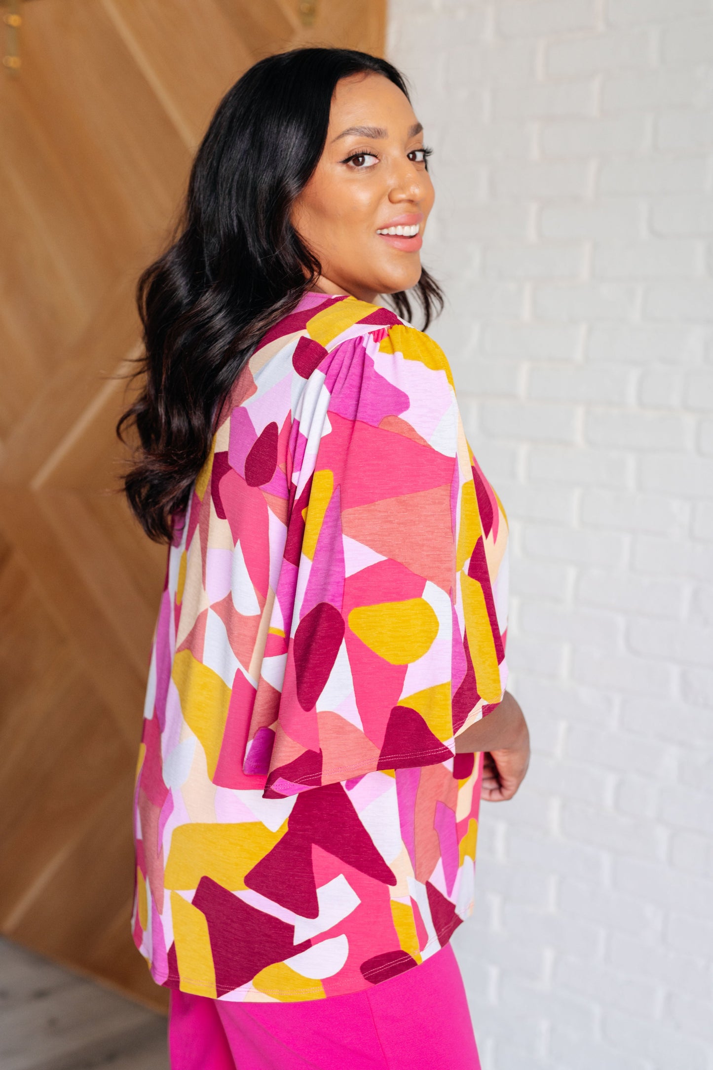 Lisa Blouse in Magenta and Mustard Abstract