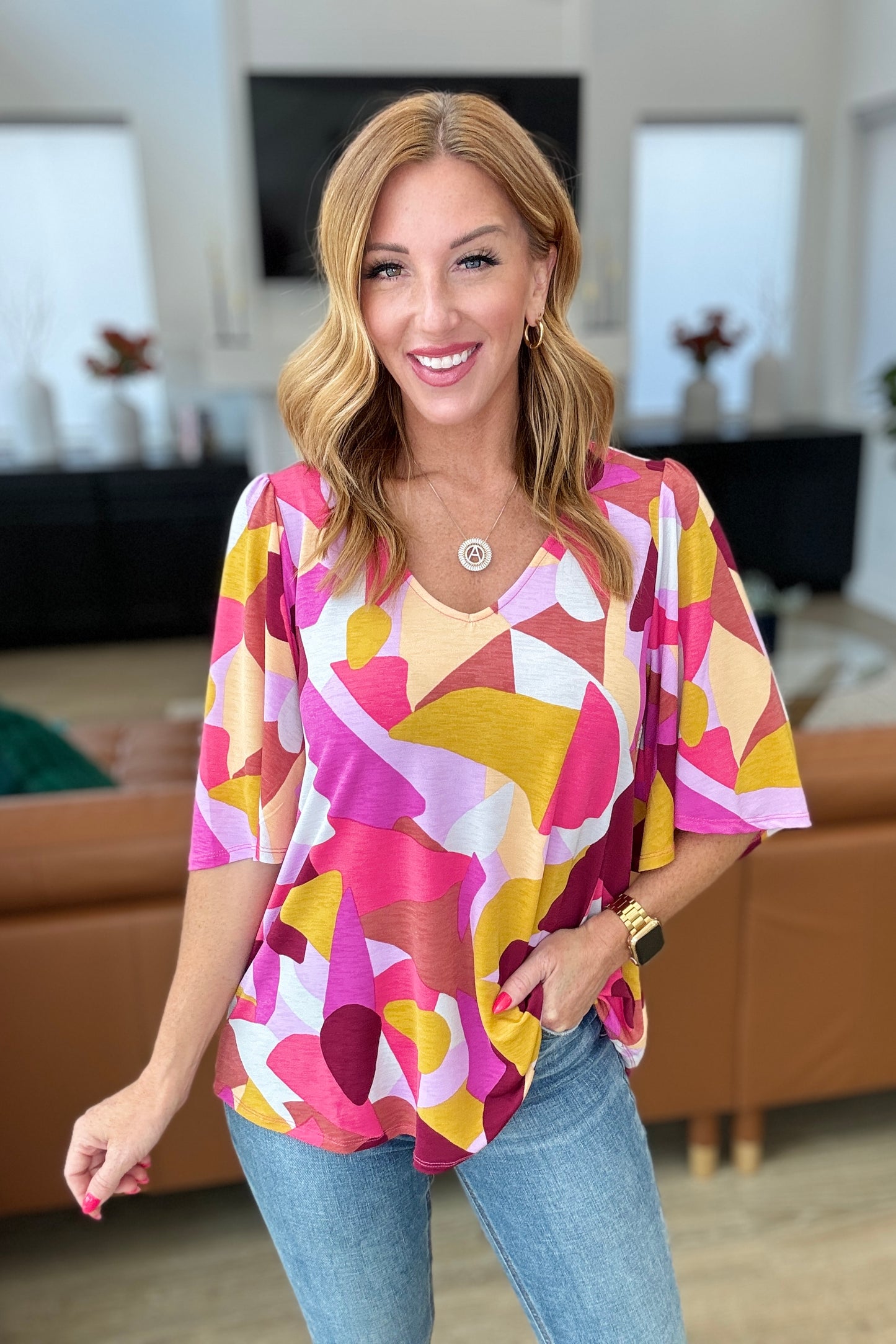 Lisa Blouse in Magenta and Mustard Abstract