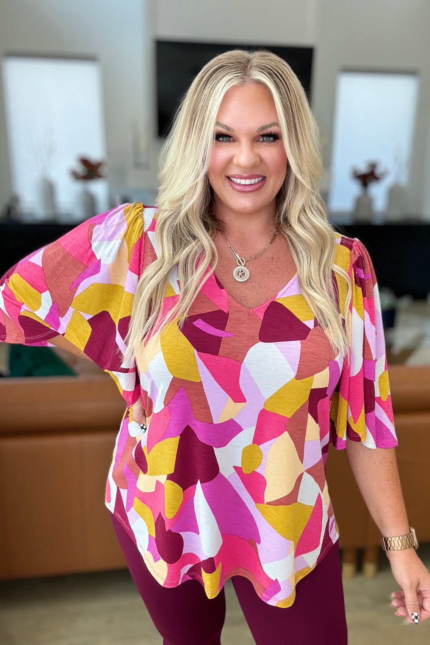 Lisa Blouse in Magenta and Mustard Abstract