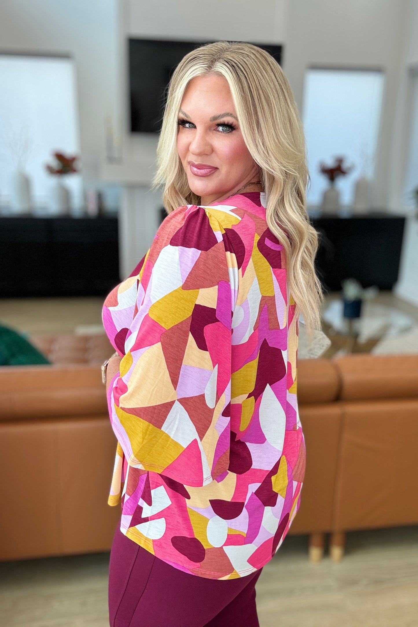 Lisa Blouse in Magenta and Mustard Abstract