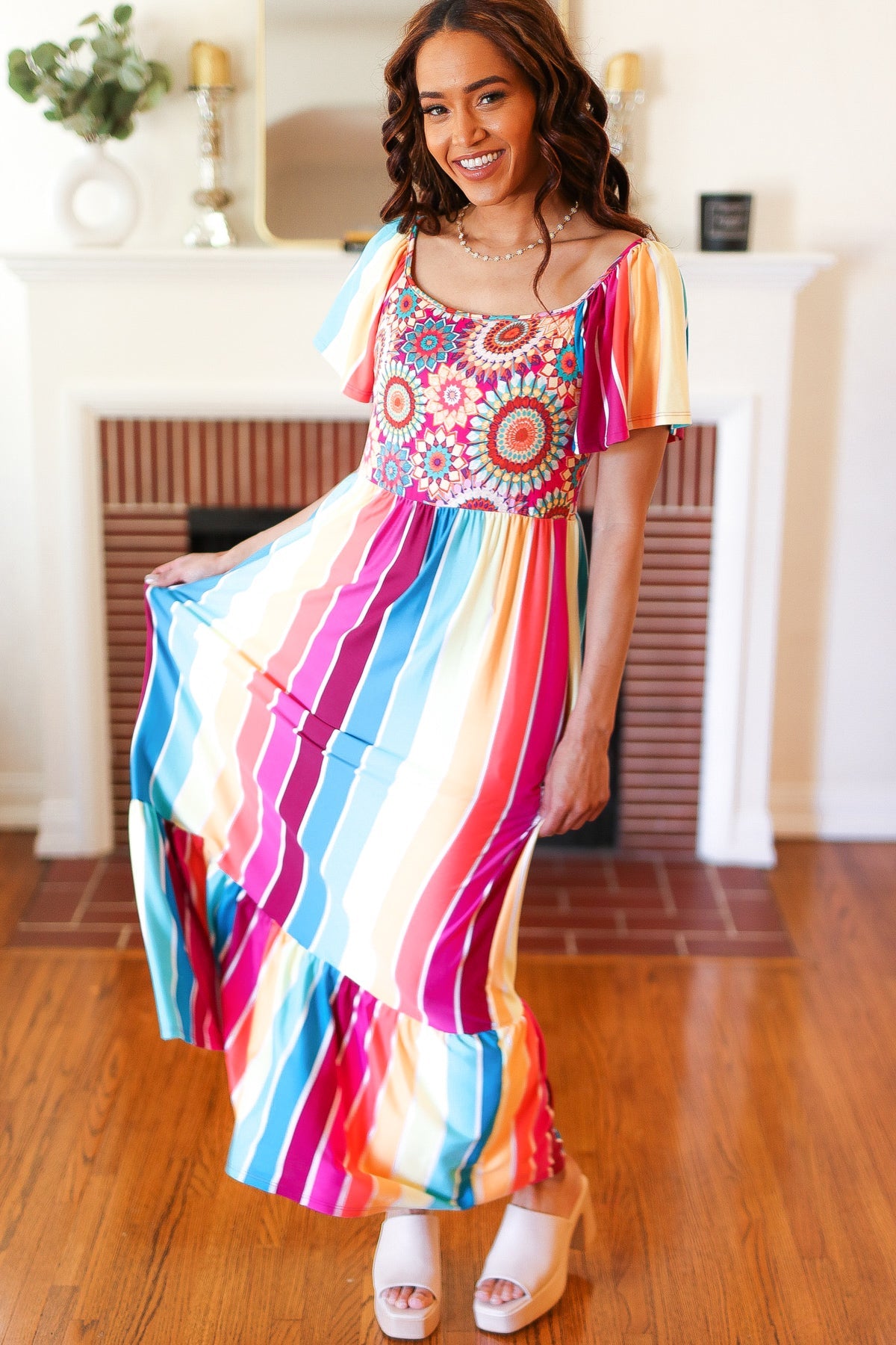 Feeling Bold Fuchsia & Teal Striped Medallion Crochet Print Top