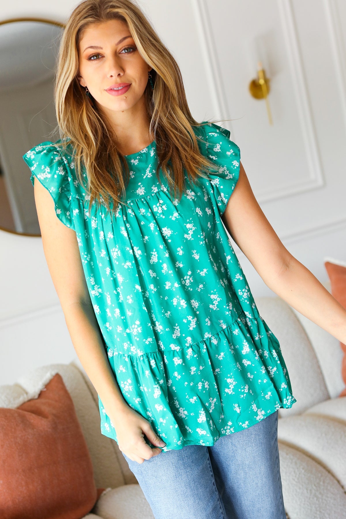 Mint Floral Yoke Flutter Sleeve Keyhole Back Top