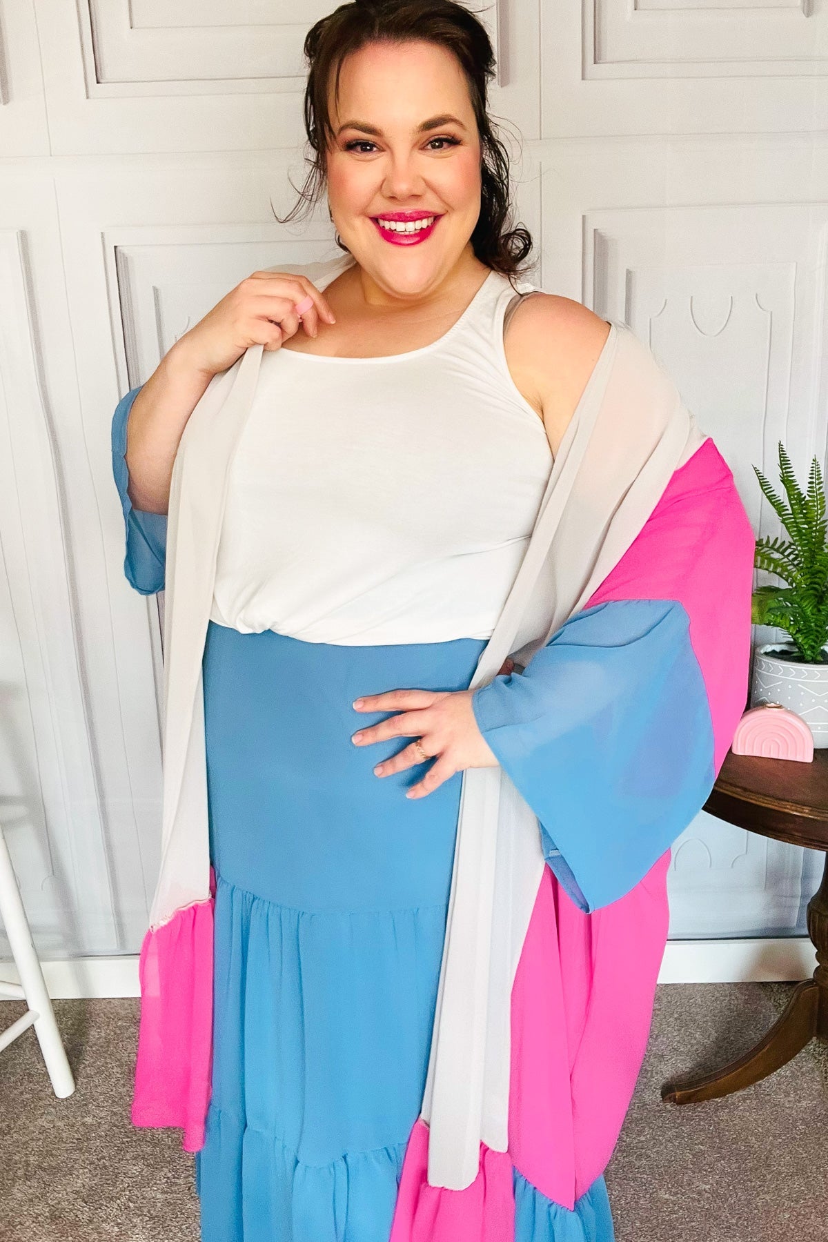 Taupe & Fuchsia Color Block Ruffle Hem Kimono