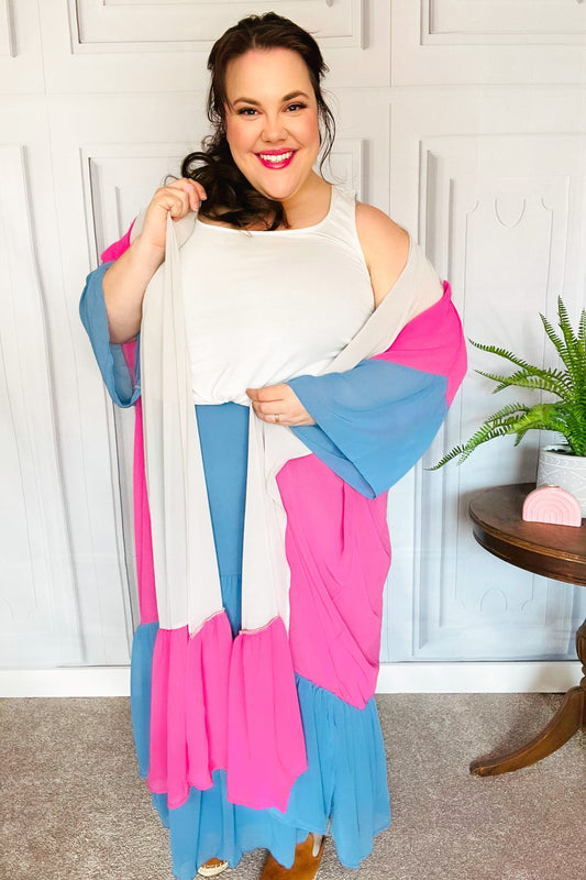 Taupe & Fuchsia Color Block Ruffle Hem Kimono