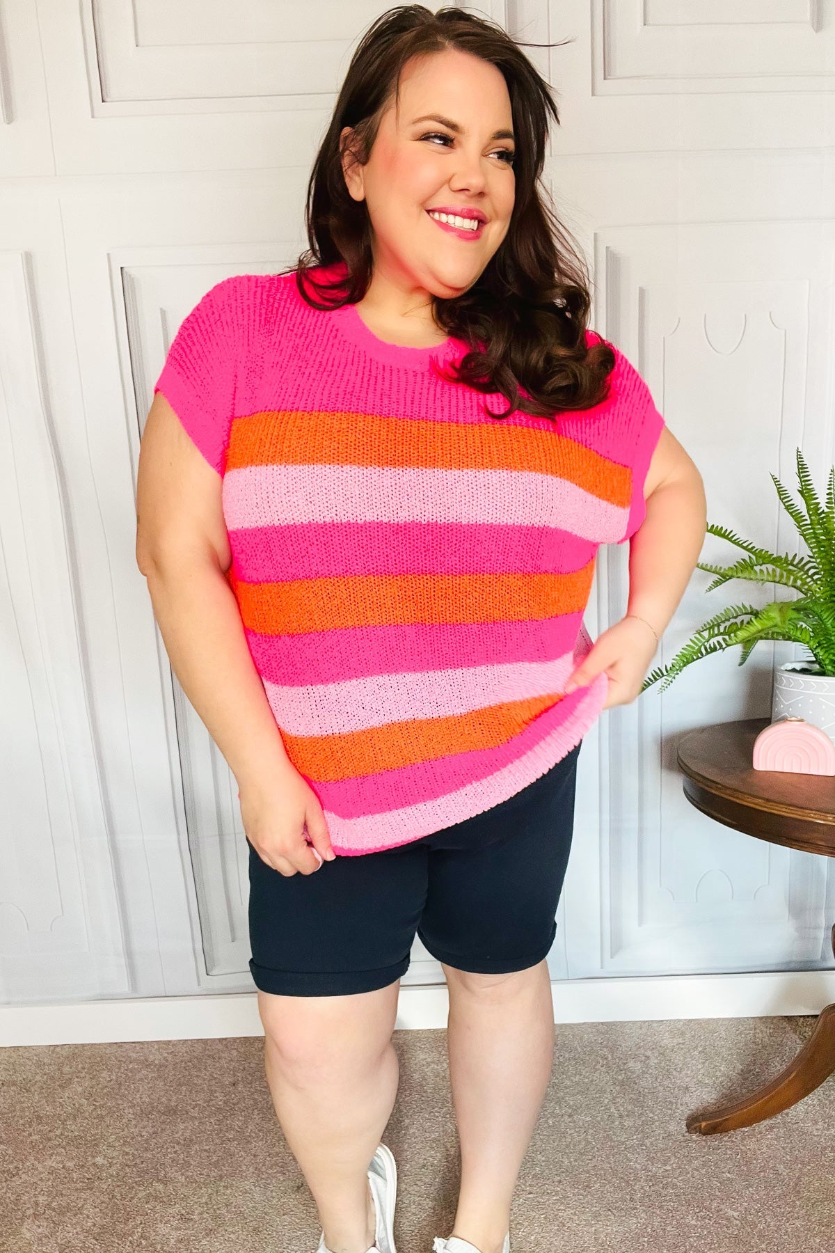 Fuchsia & Orange Stripe Short Sleeve Dolman Sweater