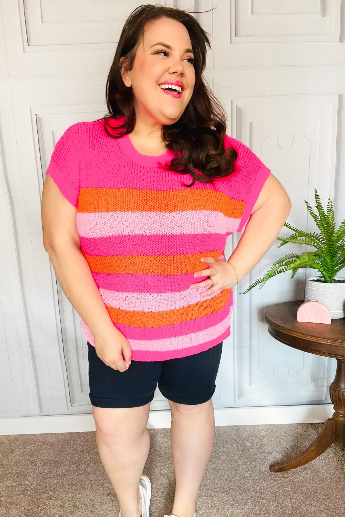 Fuchsia & Orange Stripe Short Sleeve Dolman Sweater