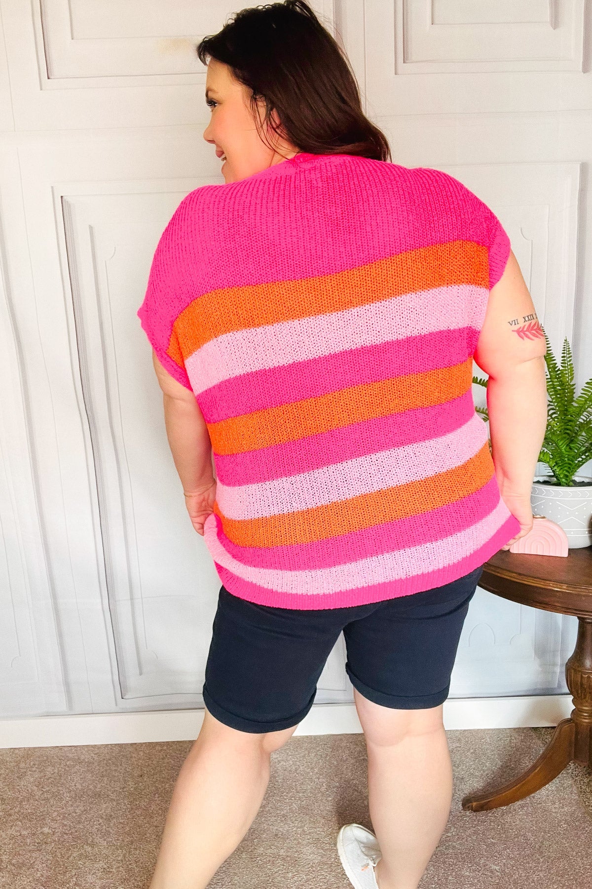 Fuchsia & Orange Stripe Short Sleeve Dolman Sweater