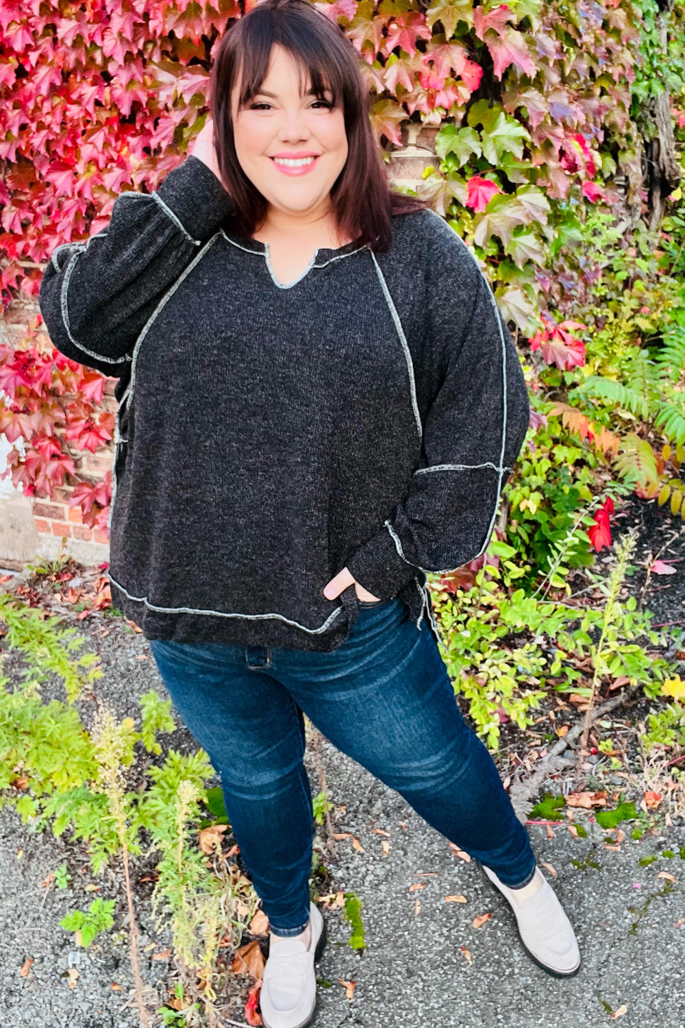 Weekend Ready Charcoal Two Tone Knit Notched Neck Raglan Top