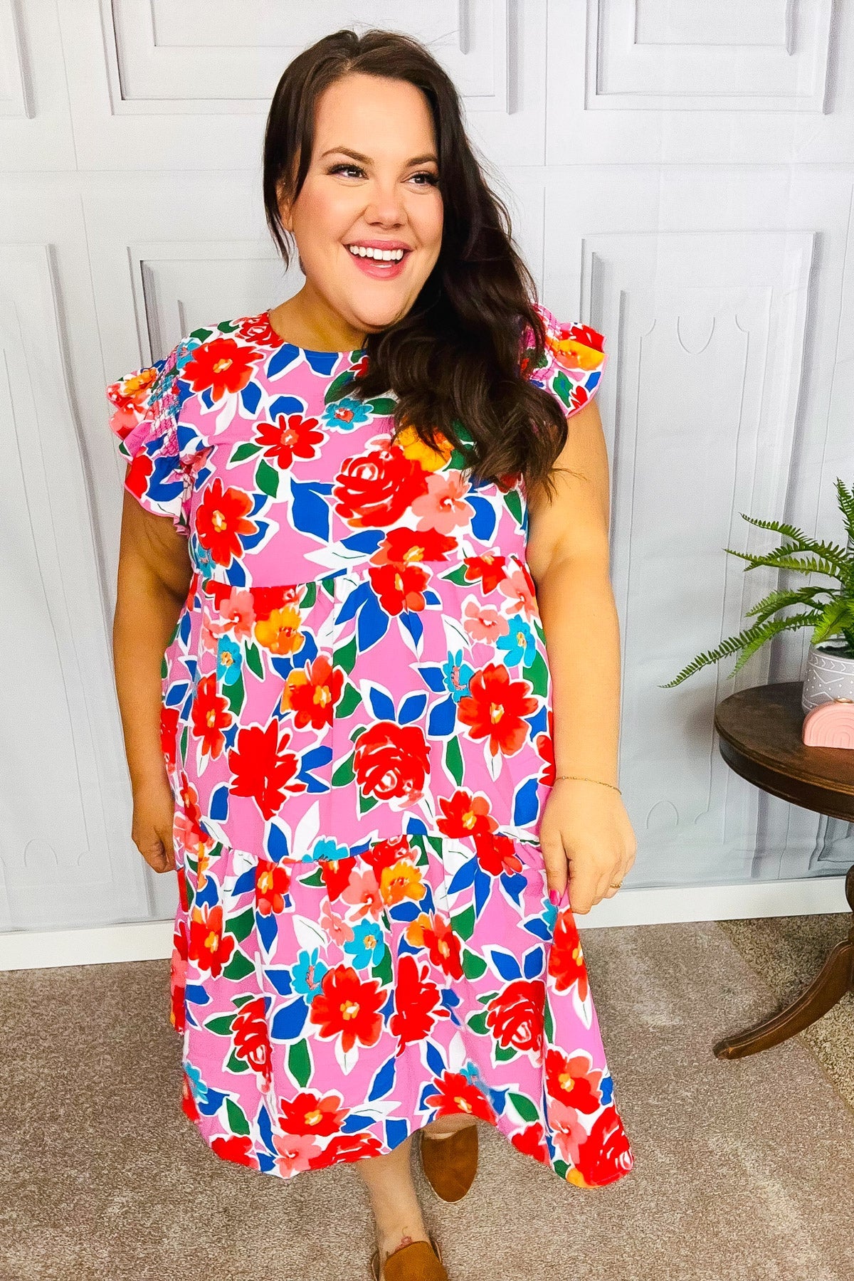 Pink Floral Smocked Ruffle Sleeve Tiered Dress