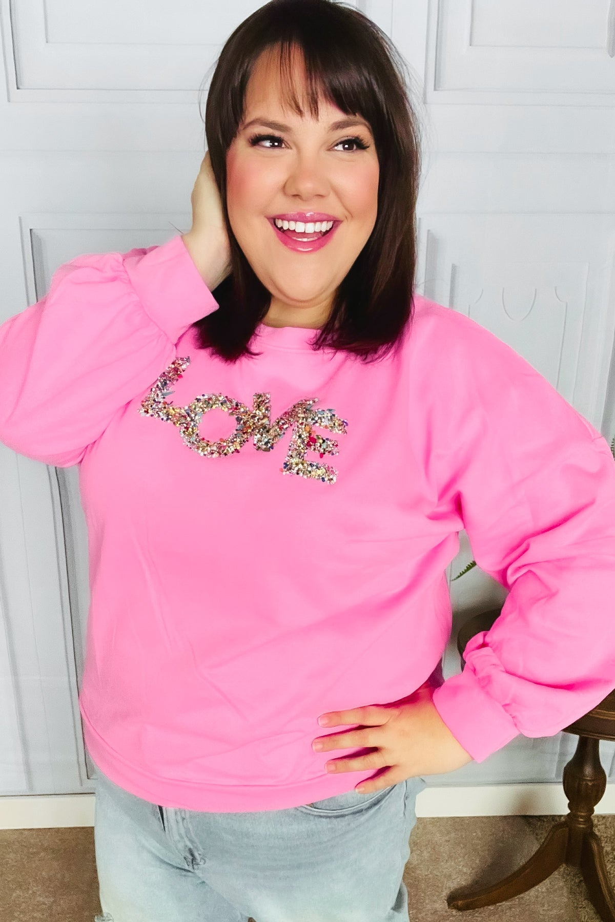 Pink "LOVE" Jewel Beaded Patch Pullover Top