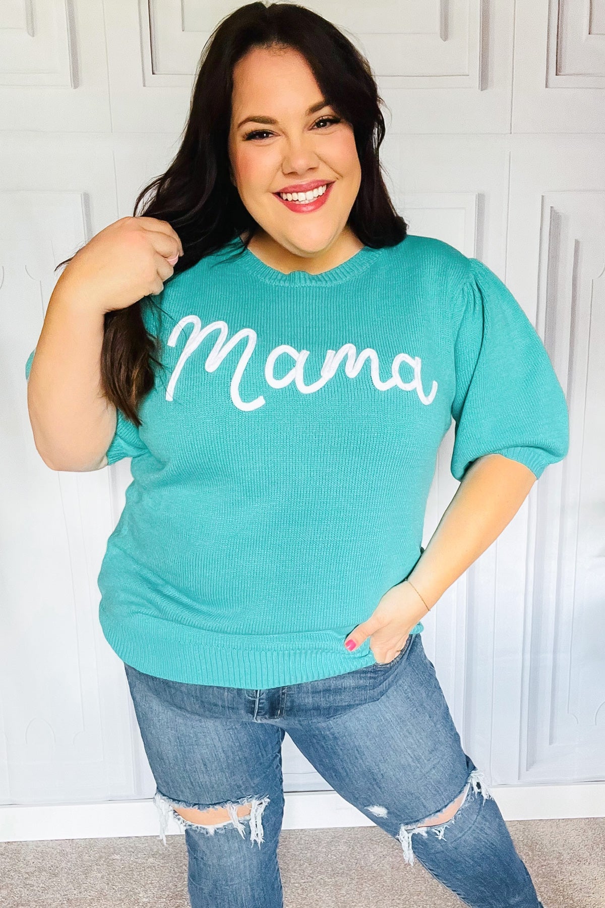 Take A Bow Mint "Mama" Embroidery Pop-Up Puff Sleeve Sweater Top