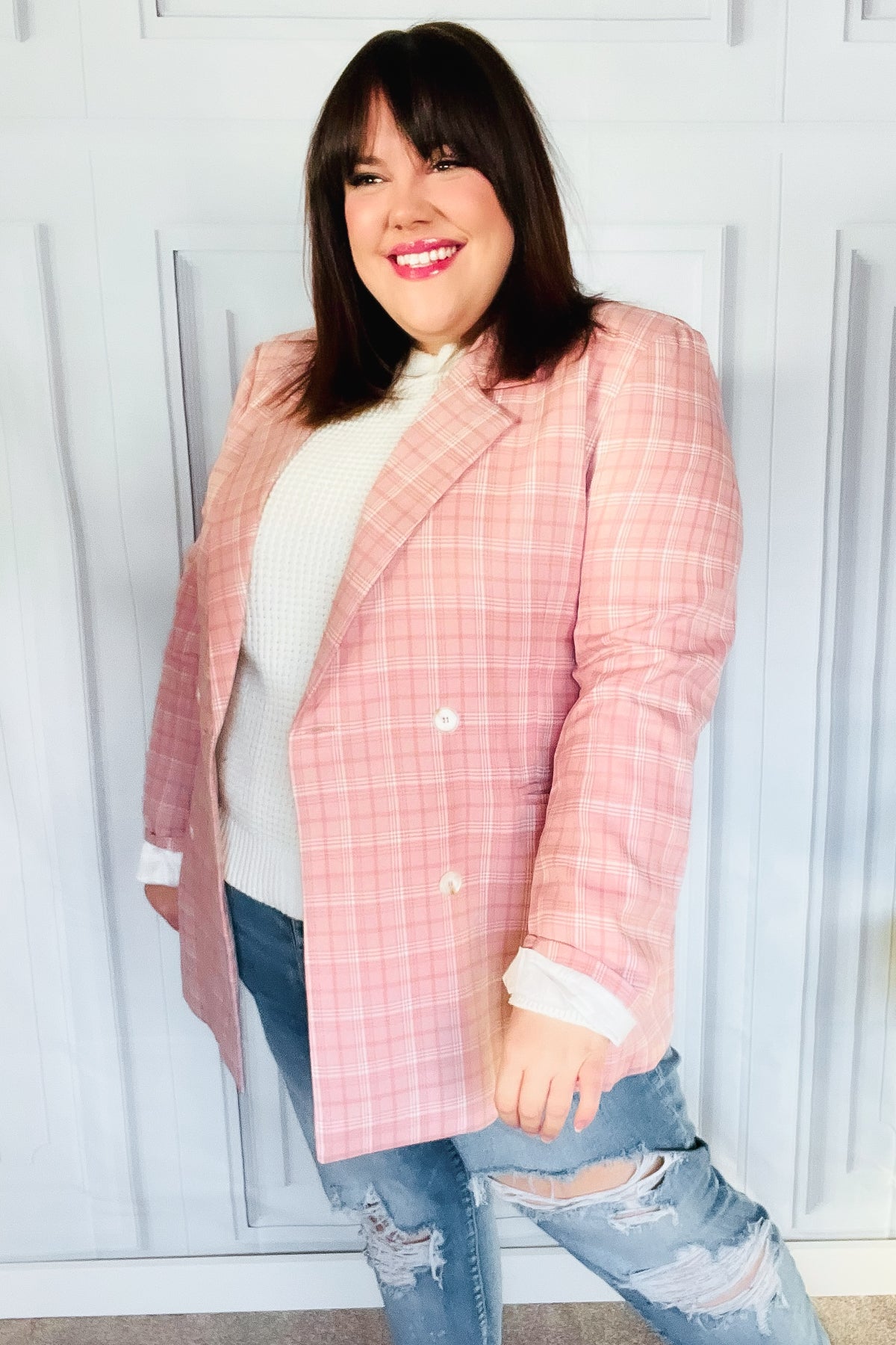 Get To It Pink Plaid Double Breasted Collar Lapel Blazer