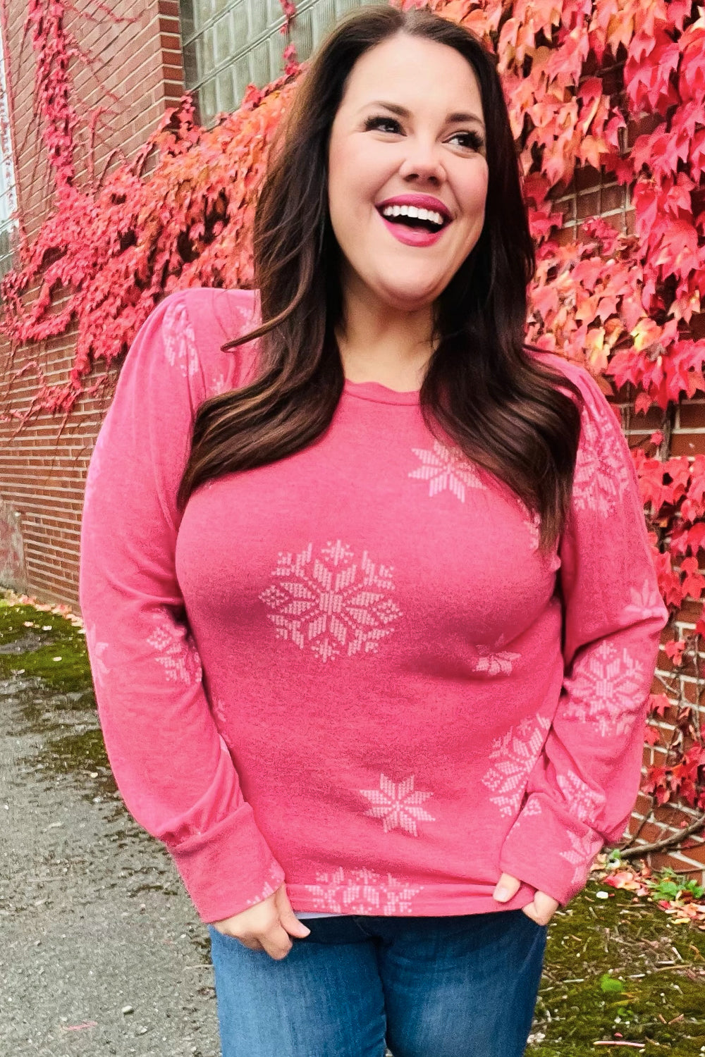 Holiday Ready Red Snowflake Brushed Hacci Sweater Top