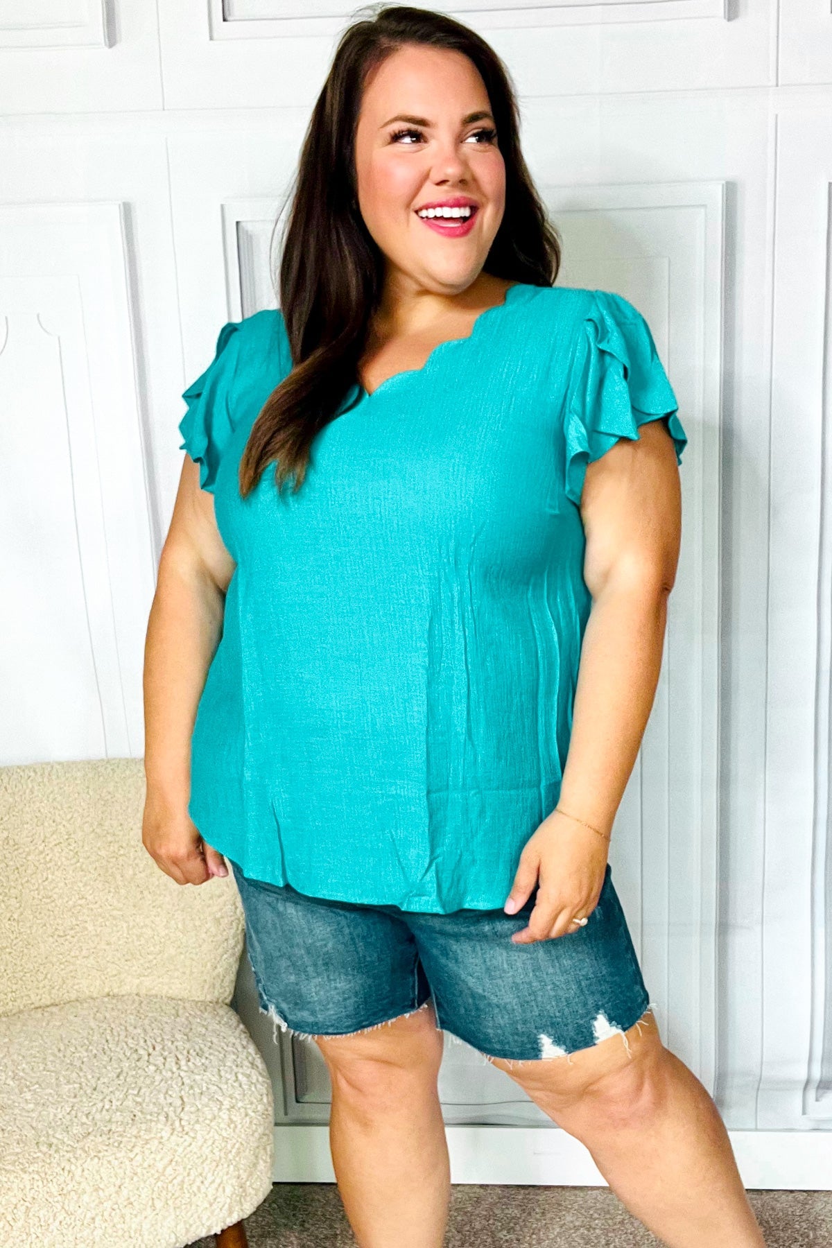 Eyes On You Teal Scalloped V Neck Tulip Sleeve Top