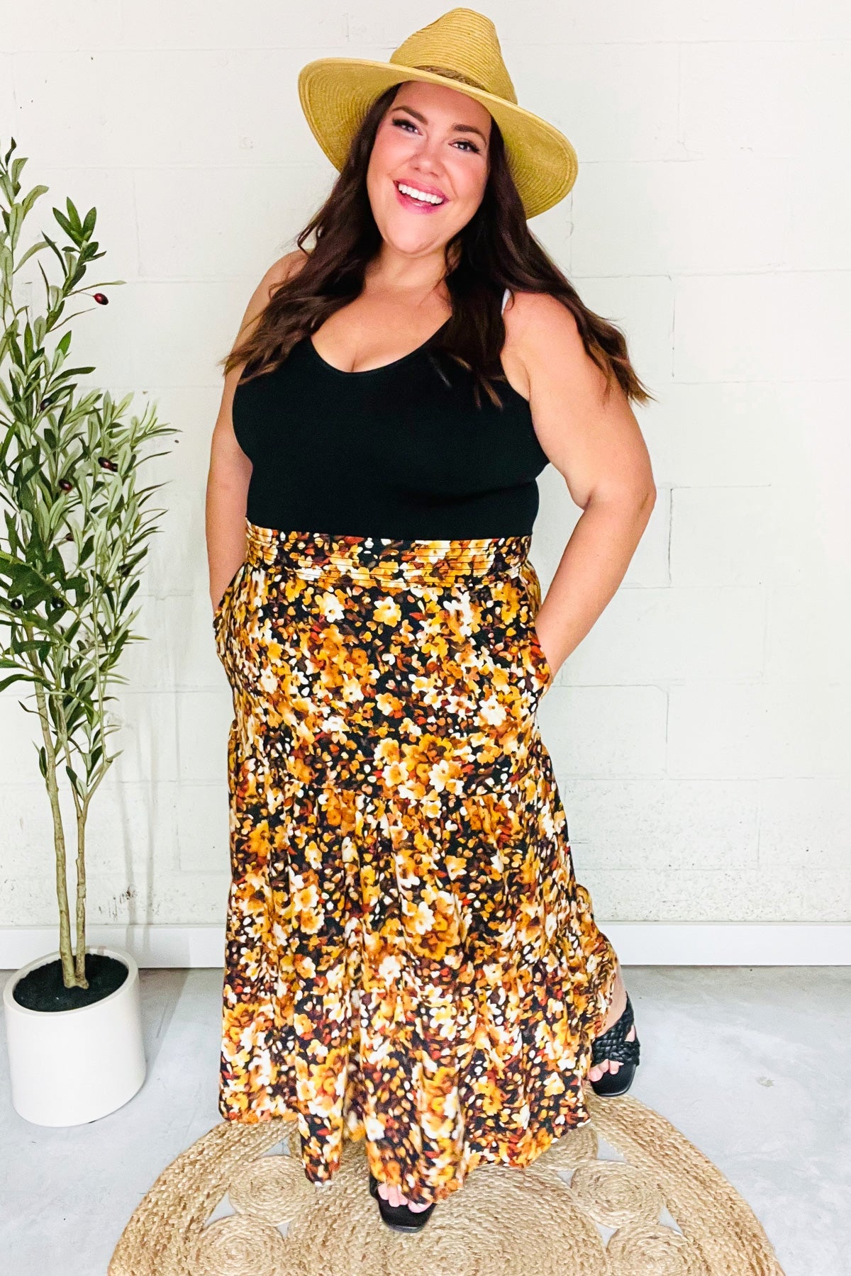 Casual Living Black Floral Tiered Smocked Waist Midi Skirt