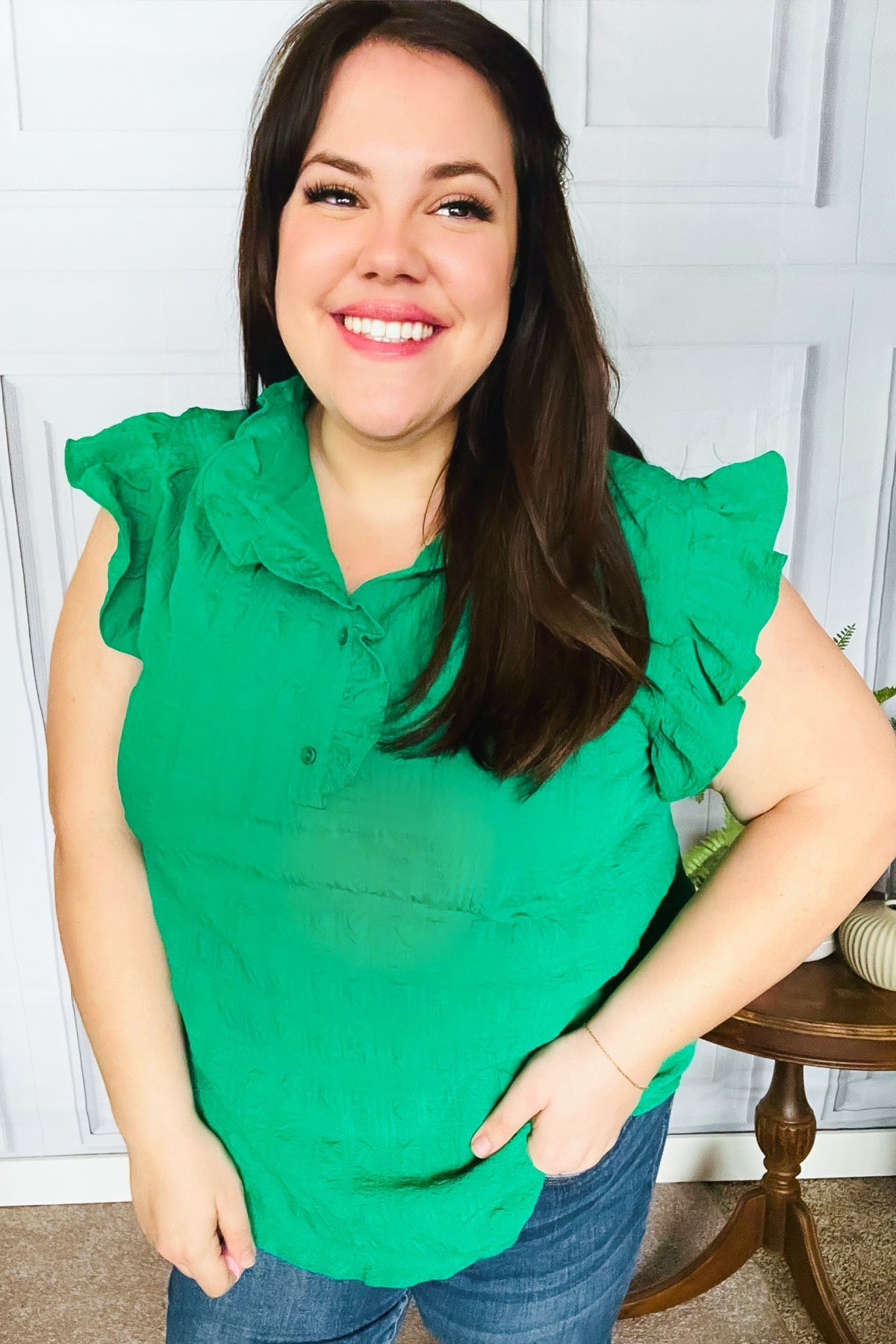 Kelly Green Textured Ruffle Mock Neck Button Down Top