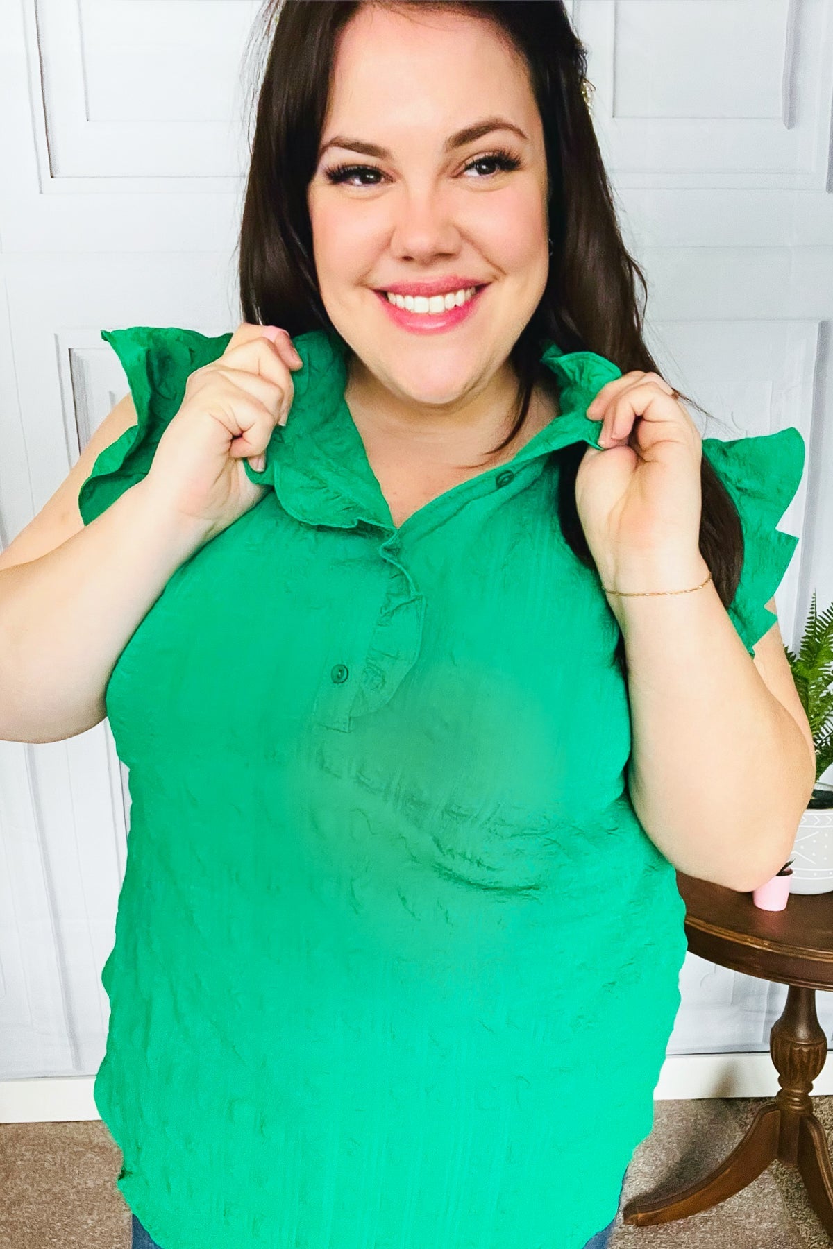 Kelly Green Textured Ruffle Mock Neck Button Down Top