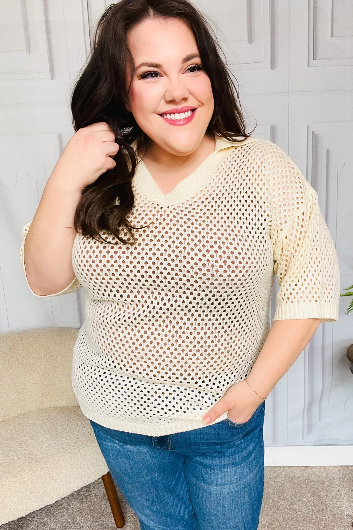 Can't Look Away Oatmeal Netted Crochet Collared Sweater Top