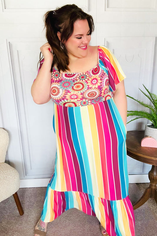 Feeling Bold Fuchsia & Teal Striped Medallion Crochet Print Top