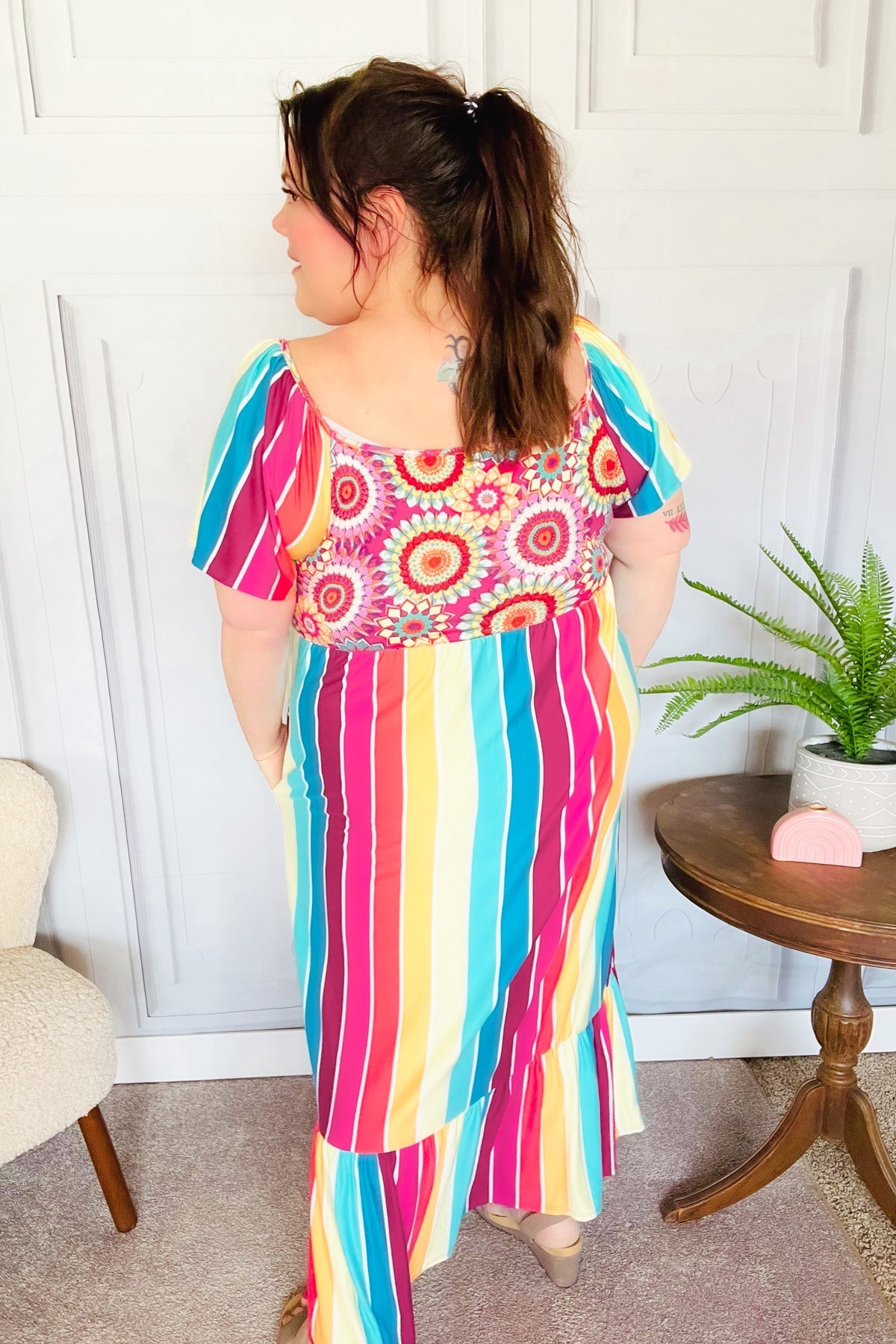 Feeling Bold Fuchsia & Teal Striped Medallion Crochet Print Top