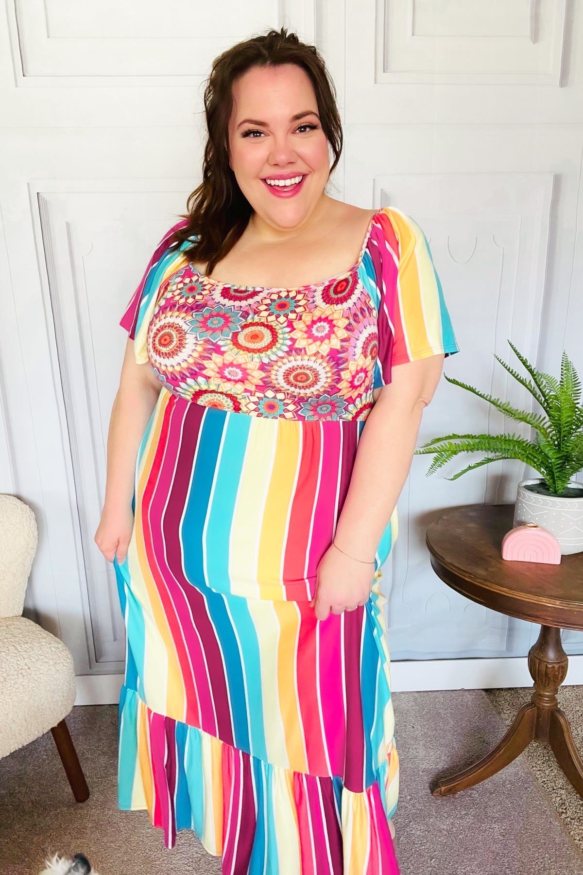 Feeling Bold Fuchsia & Teal Striped Medallion Crochet Print Top