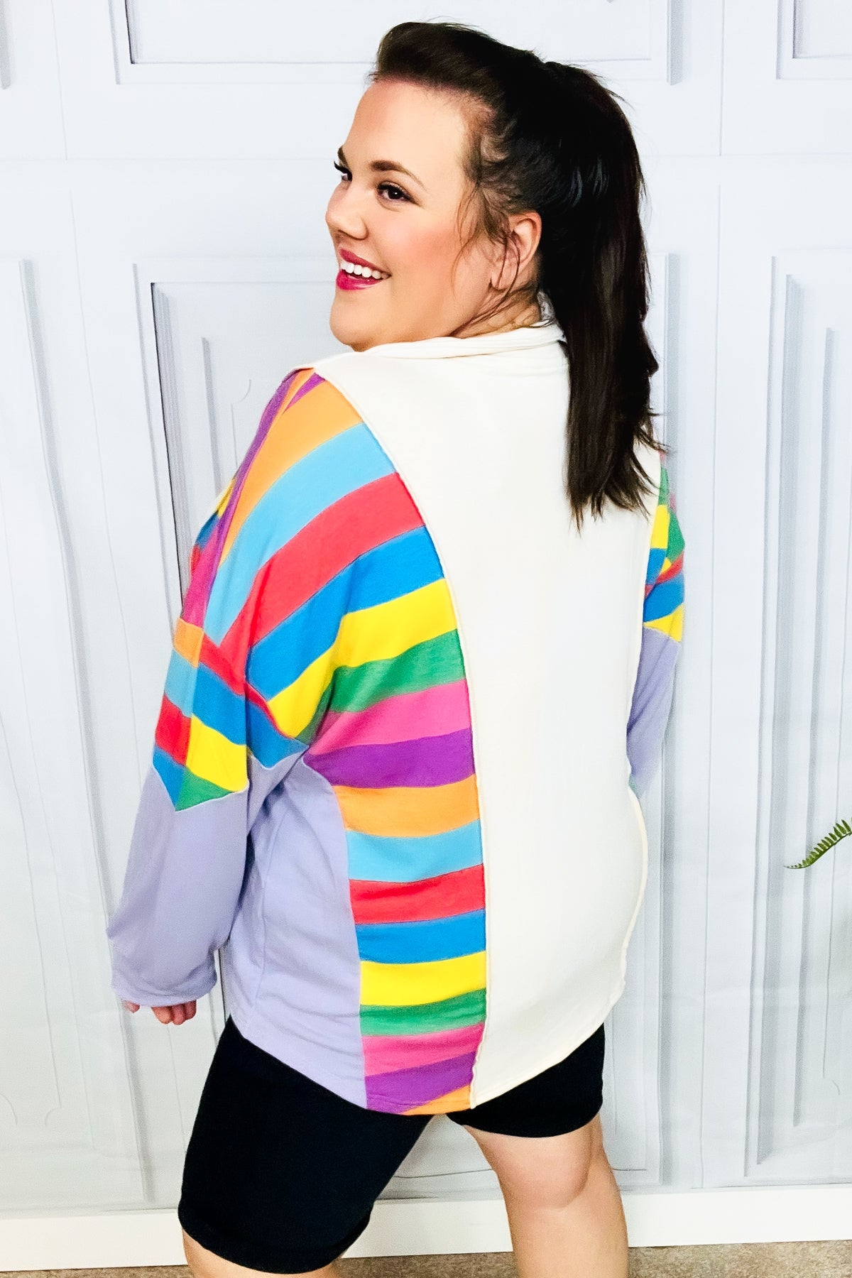 Feeling Bold Lilac Multicolor Stripe Collared V Neck Pullover