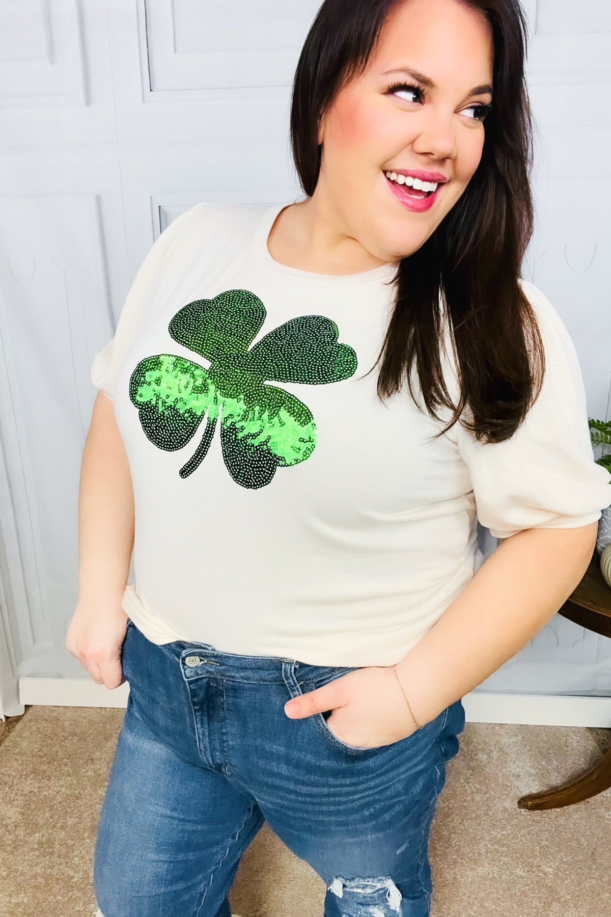 Saint Paddy Sequin Clover French Terry Puff Sleeve Top