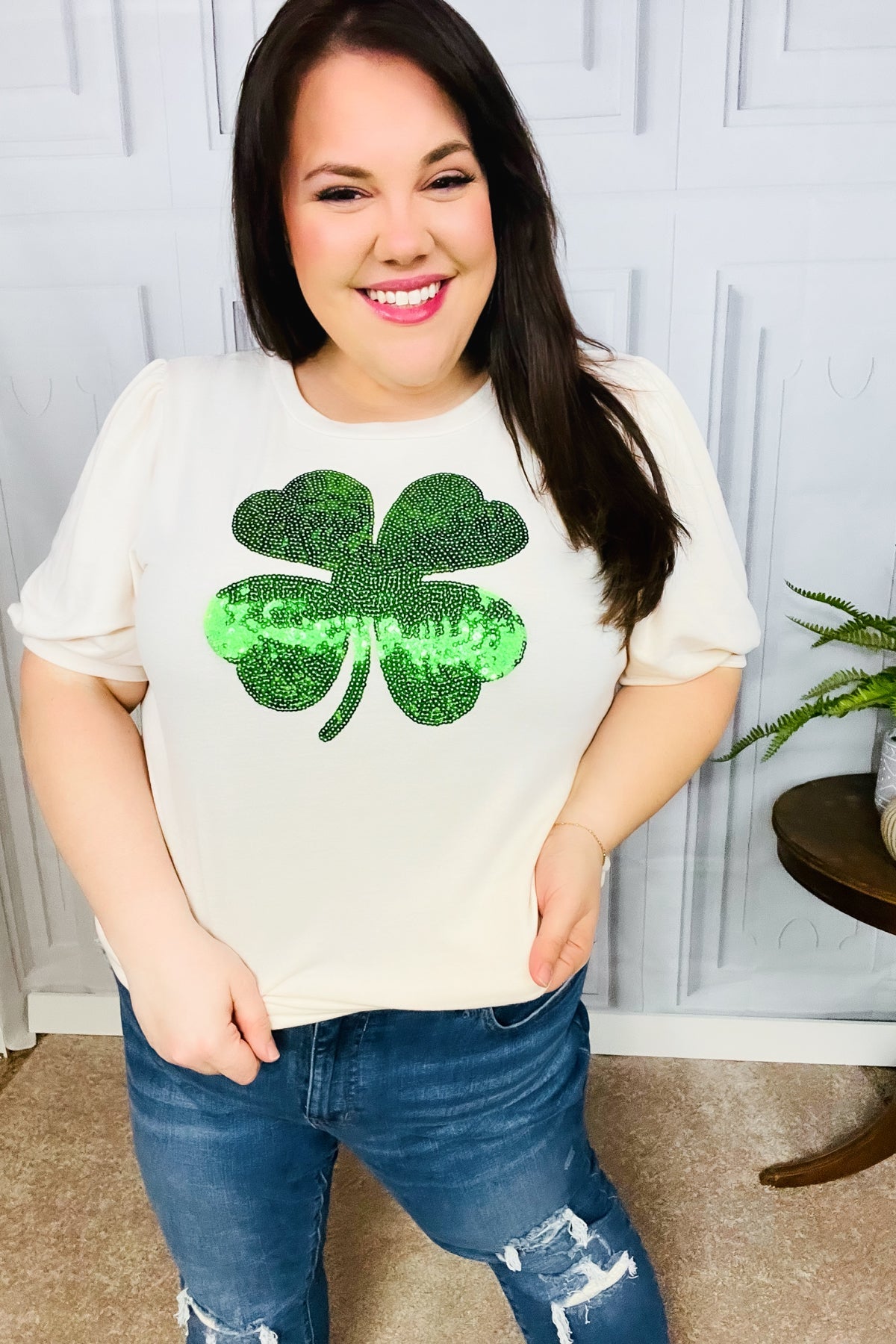 Saint Paddy Sequin Clover French Terry Puff Sleeve Top