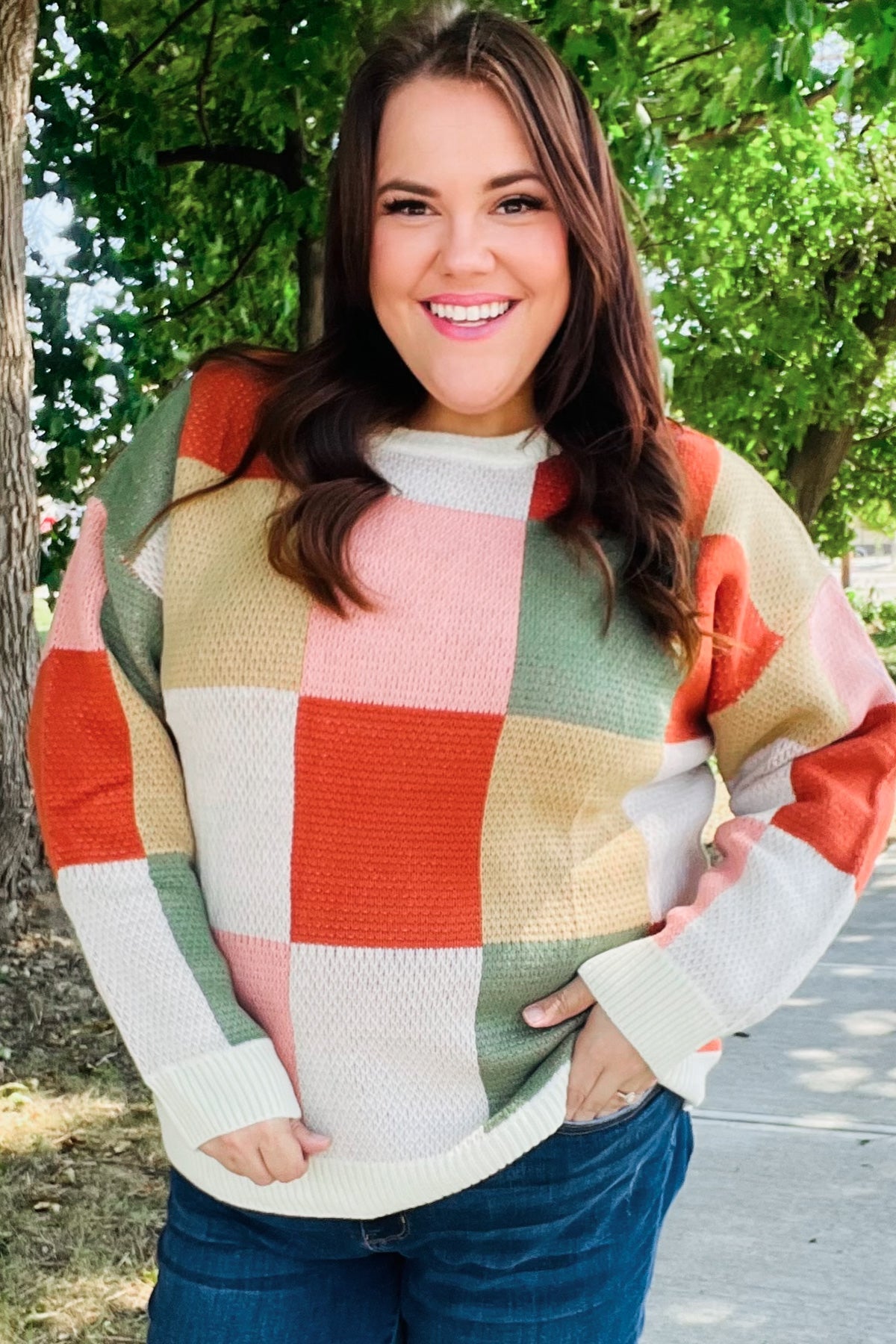 Ivory & Rust Checker Jacquard Knit Sweater