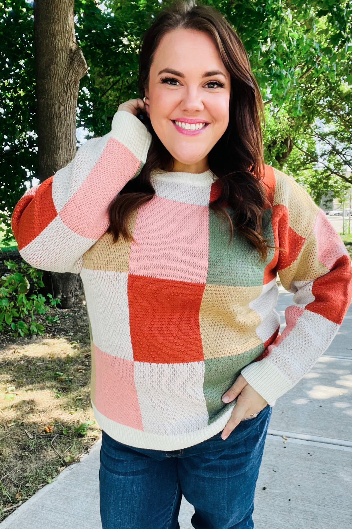 Ivory & Rust Checker Jacquard Knit Sweater