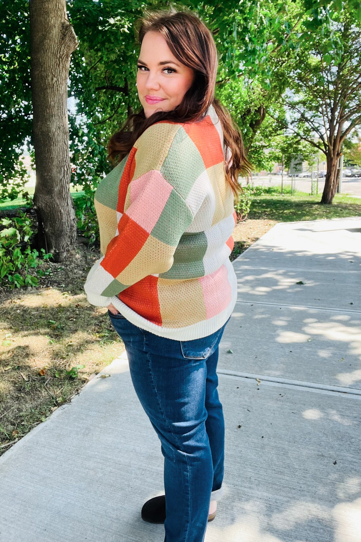 Ivory & Rust Checker Jacquard Knit Sweater