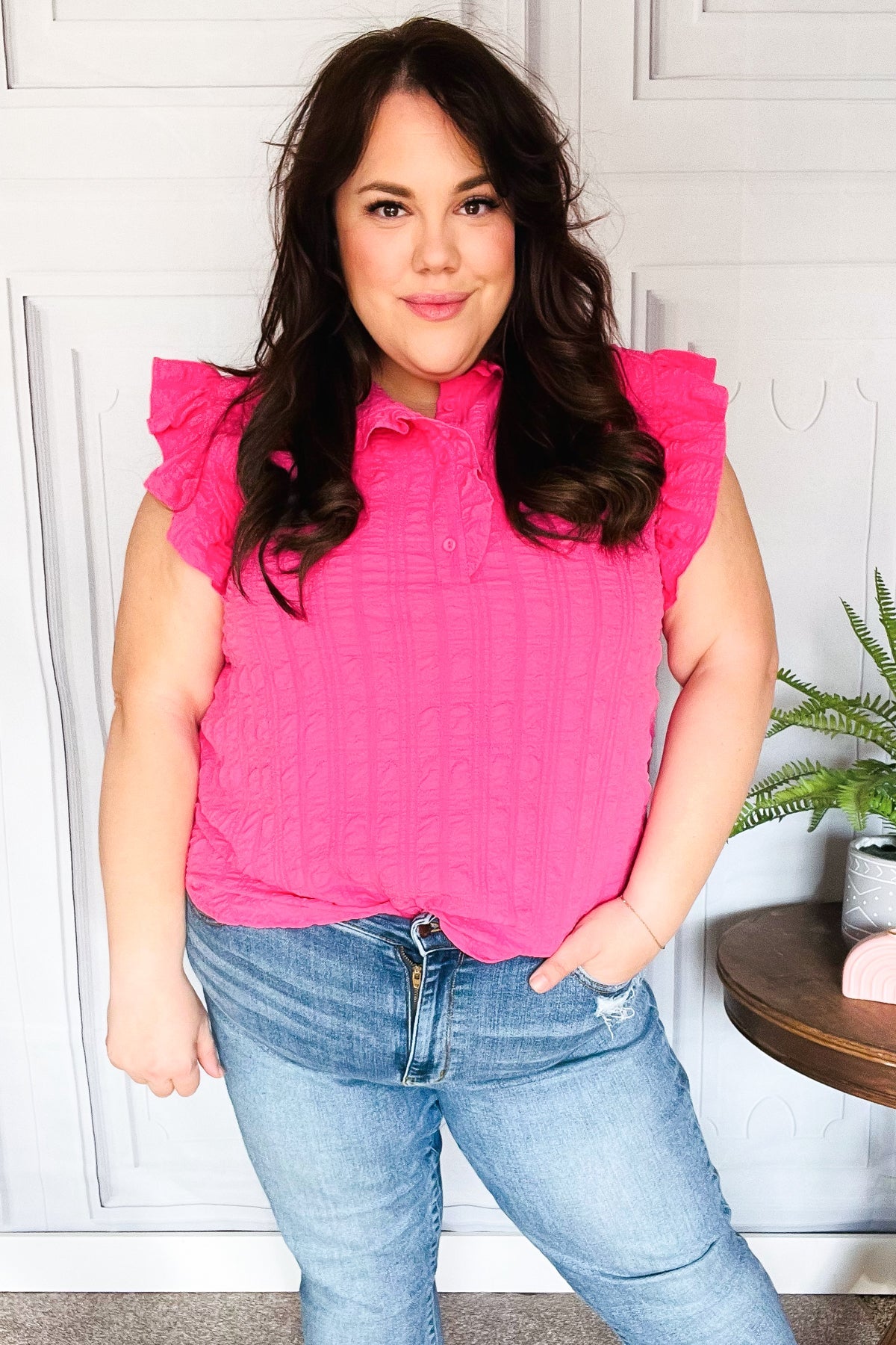 Hot Pink Textured Ruffle Mock Neck Button Down Top