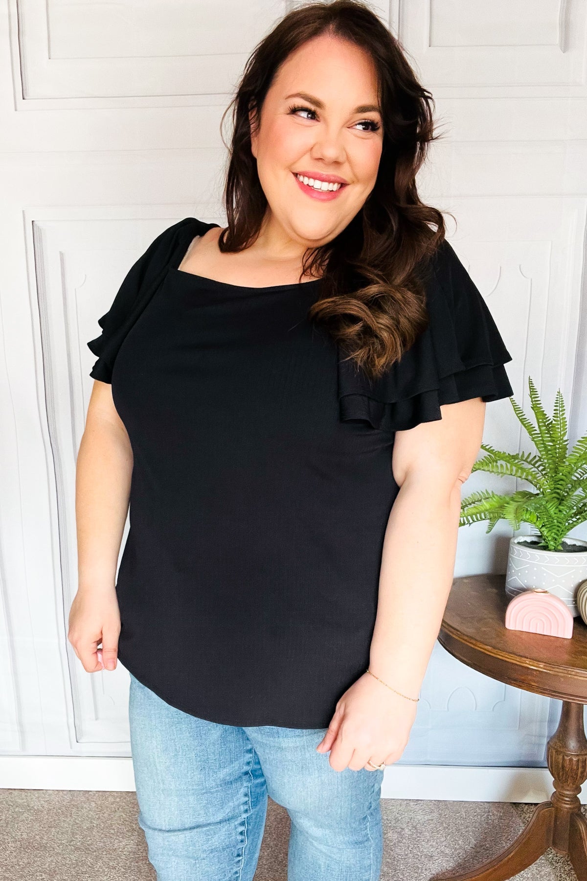 Black Double Ruffle Sleeve Square Neck Ribbed Top