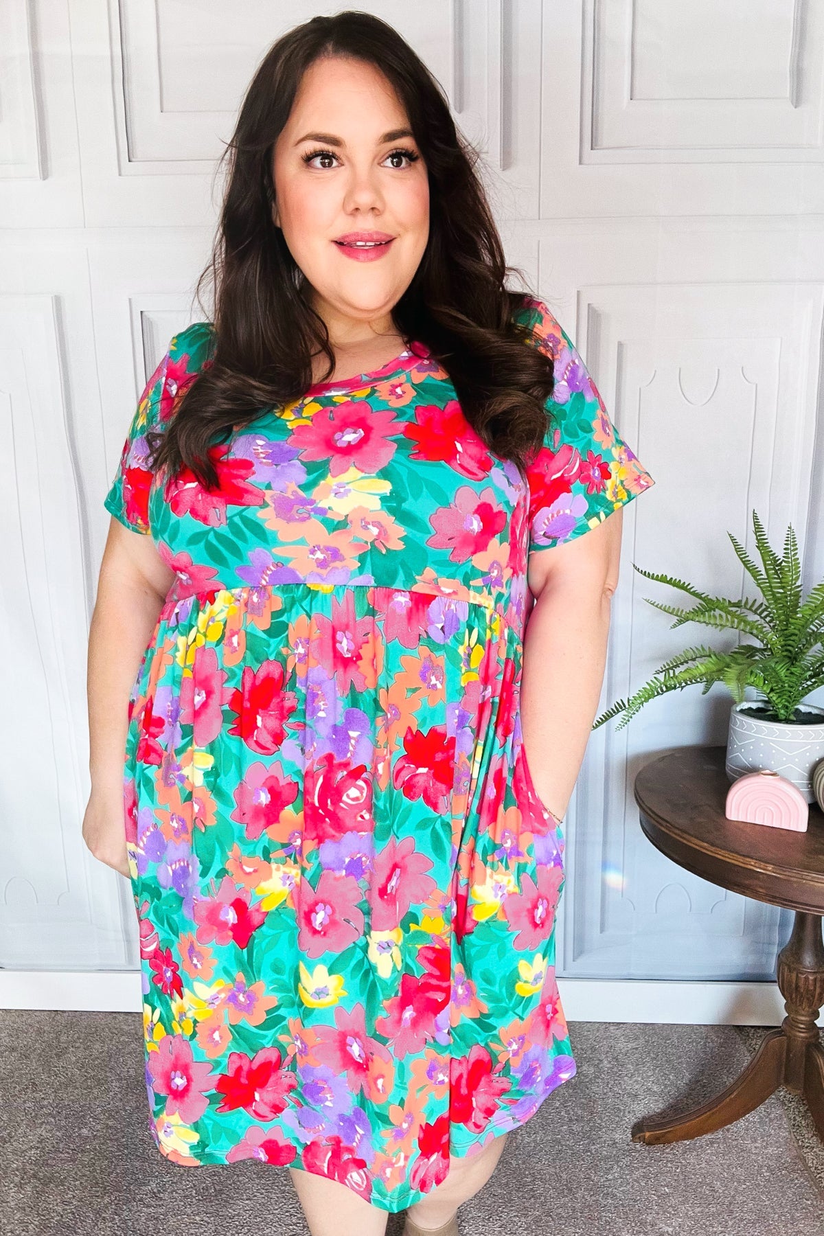 Fuchsia & Emerald Floral Babydoll Fit and Flare Dress