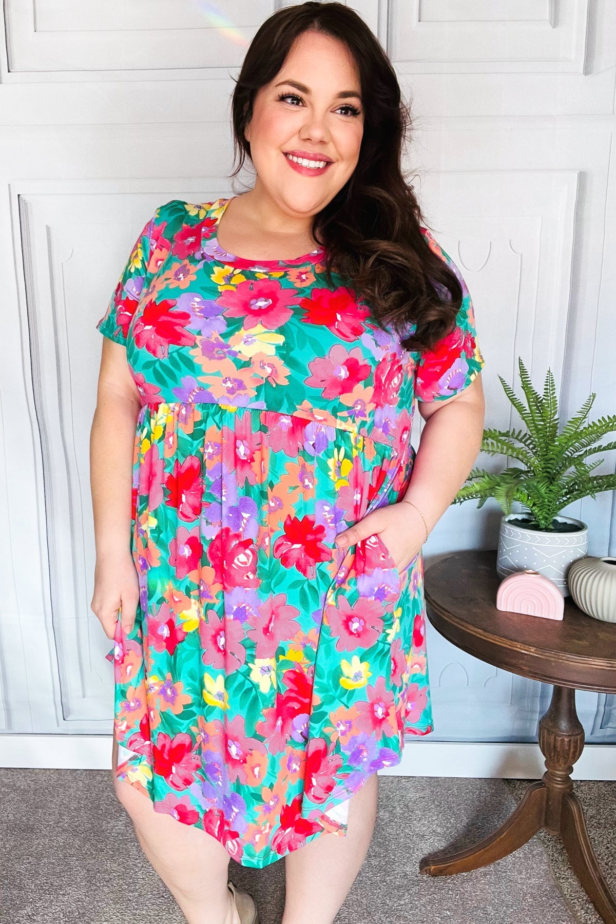 Fuchsia & Emerald Floral Babydoll Fit and Flare Dress