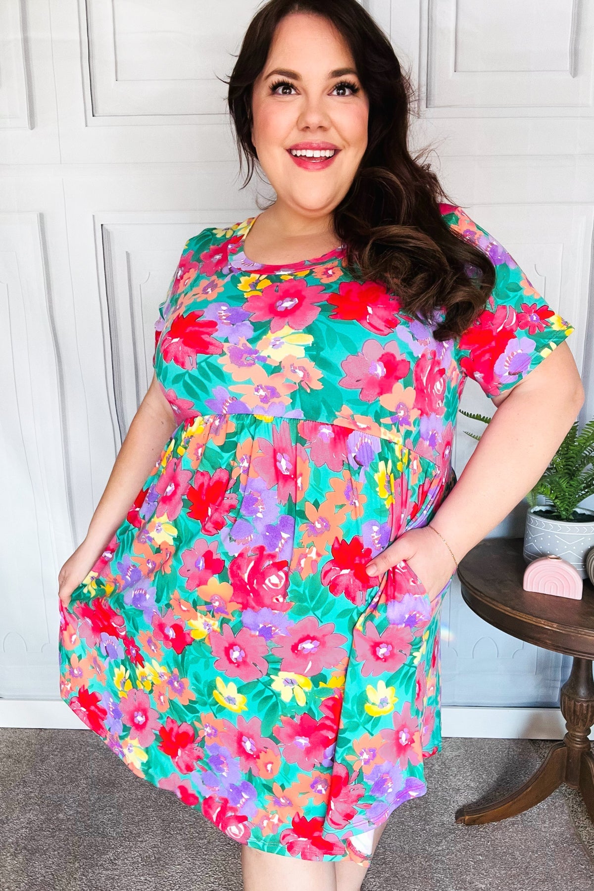 Fuchsia & Emerald Floral Babydoll Fit and Flare Dress