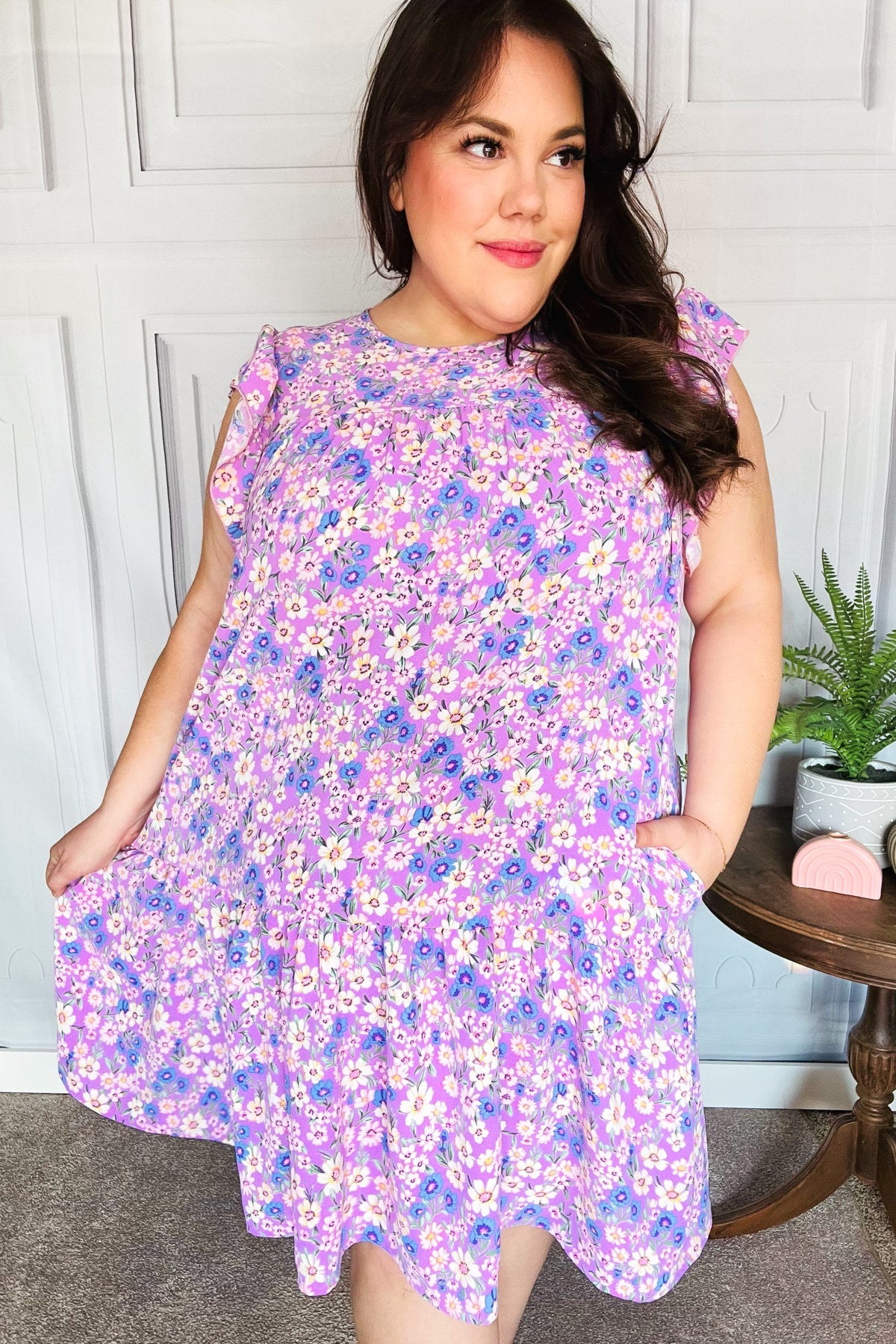 Lilac Floral Tiered Ruffle Sleeve Woven Dress