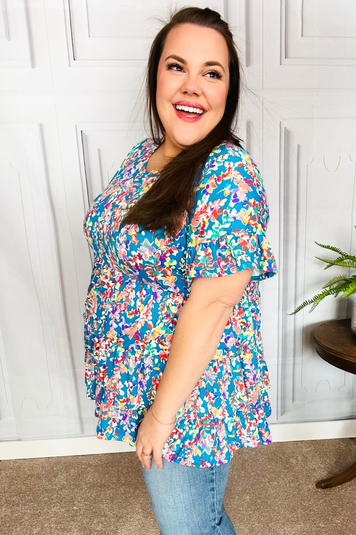 Blue Floral Ruffle Hem Tiered Top